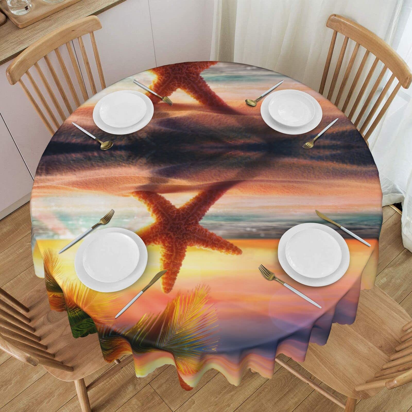 ASEELO 152cm Round Tablecloth Sunset Afterglow Yellow Starfish Print Decorative Table cover Wipe Clean Tablecloth for Dining Tea Table and Indoor Outdoor