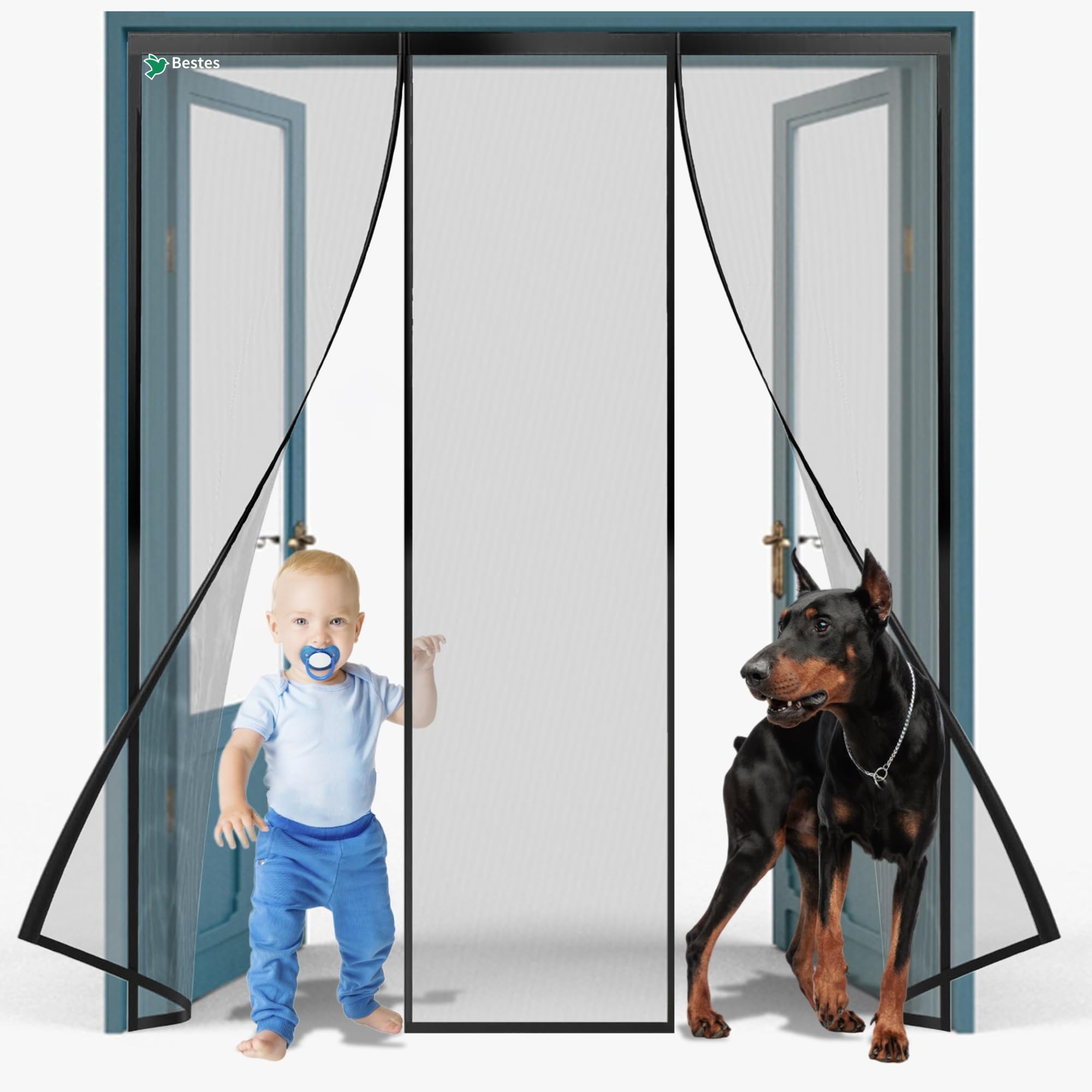 Magnetic Garage Screen Door 180x190cm for 1 Car Garage Doors Reinforced Self Sealing Fiberglass Mesh Door High Energy Magnets，Hands Free Door Screen with Closure Weighted Bottom Black