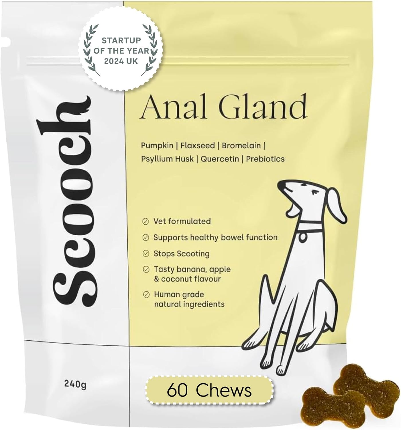 Scooch Anal Gland Supplement for Dogs 60 Chews (2-Month Supply) | Fibre & Pumpkin Support for Gut Health & Digestion | Relieves Scooting & Odour | Natural, Plant-Based, Vet-Formulated | For All Breeds
