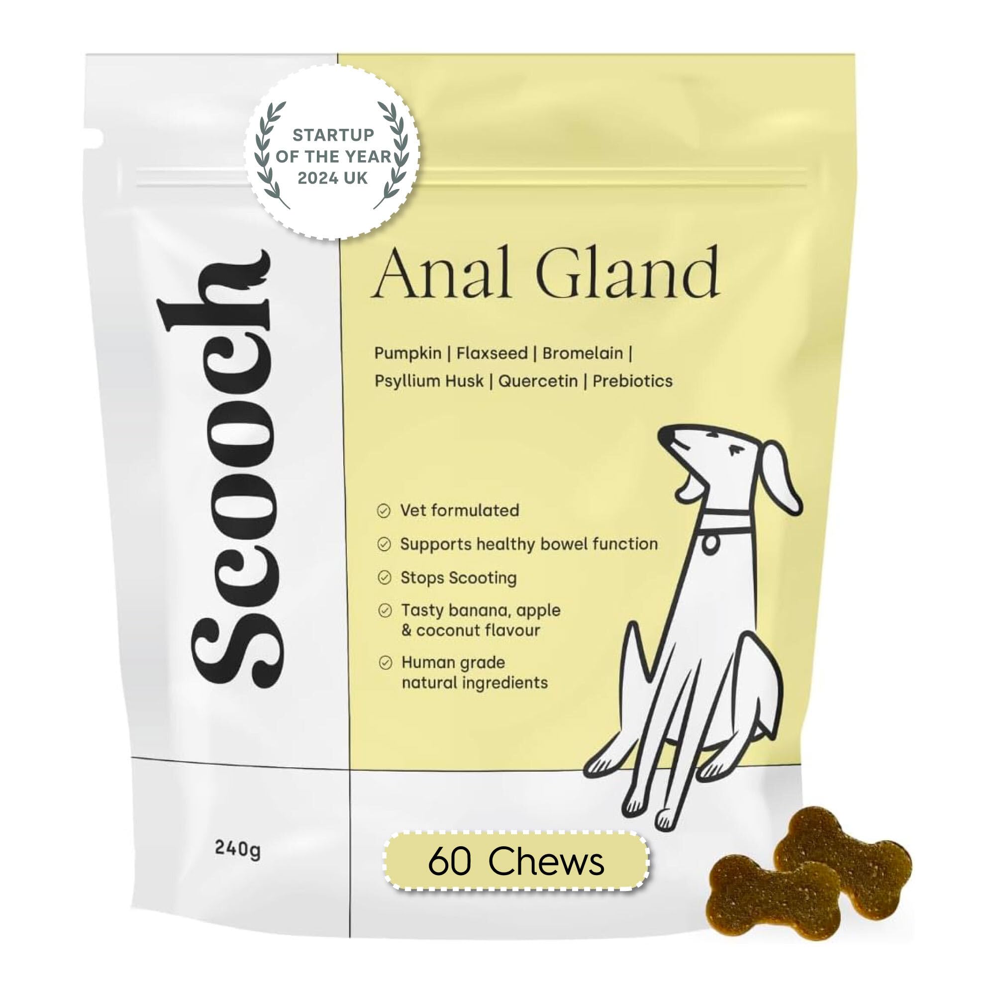 Scooch Anal Gland Supplement for Dogs 60 Chews (2-Month Supply) | Fibre & Pumpkin Support for Gut Health & Digestion | Relieves Scooting & Odour | Natural, Plant-Based, Vet-Formulated | For All Breeds