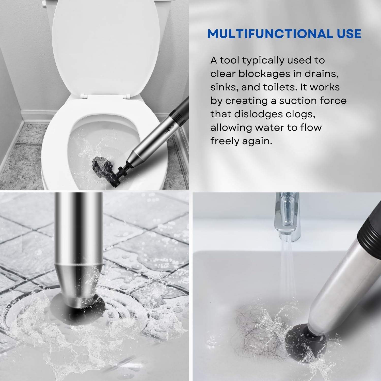 InstaPlunge Pro Electric Plunger System - Unclog and Clear Toilet and Drain Blockage with a Push of a Button, Works in Seconds to Clear Toilets, Shower Drains, Bathroom/Kitchen Sink (Blue/Grey)