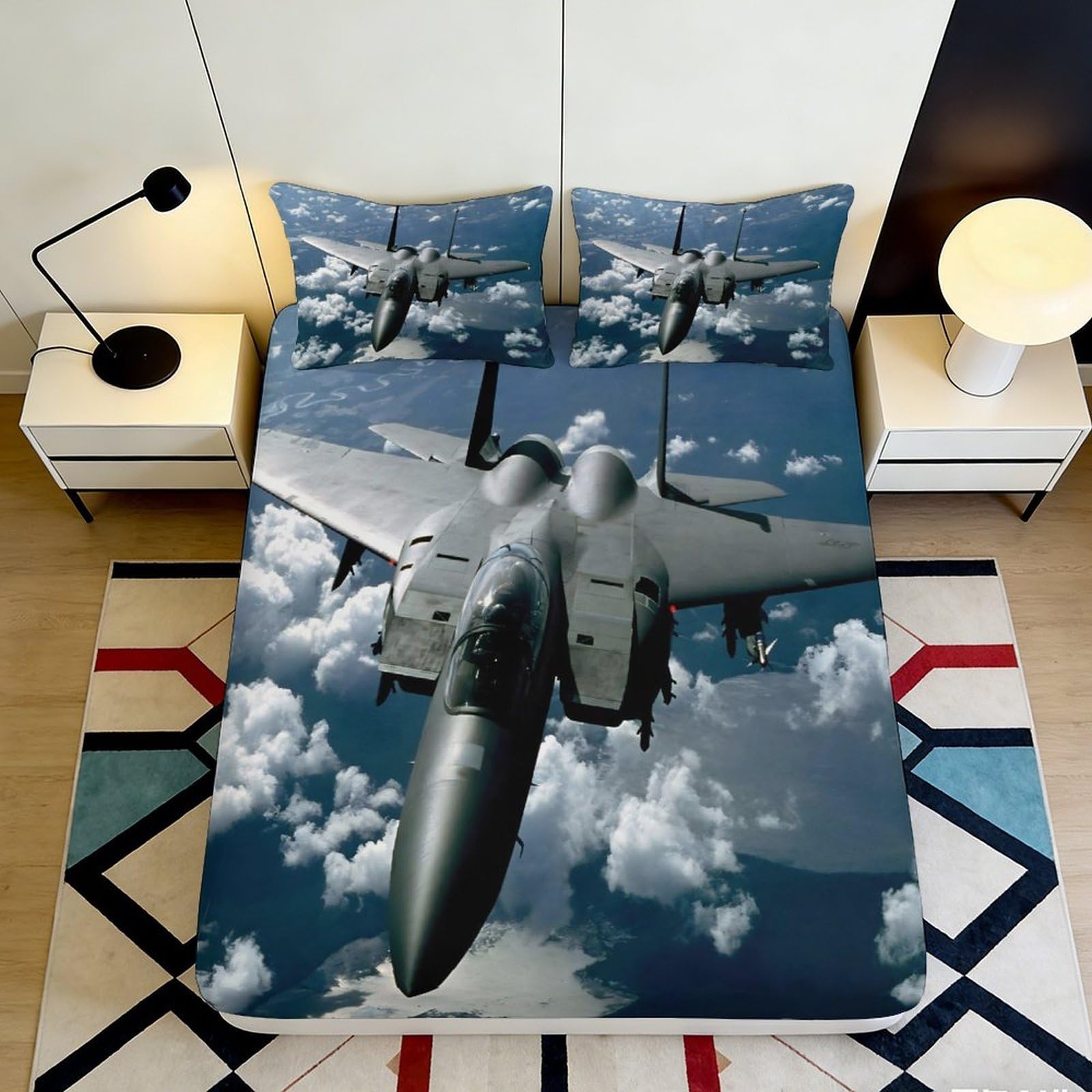 3D Printed Fighter Jet Fitted Sheet Microfiber Deep Pocket Full Wrap Bedroom Bedding Aircraft Mattress Fitted Cover 90x200x25cm 90x200x25cm