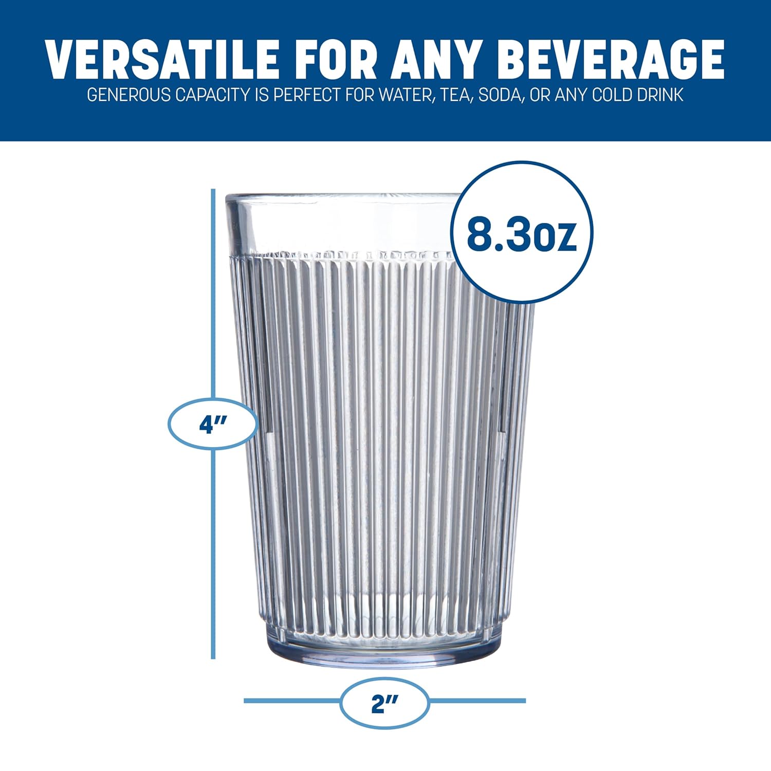 Carlisle FoodService Products Crystalon Stack-All Stackable Tumbler Plastic Tumbler with Ribbed Texture for Restaurants, Catering, Kitchens, Plastic, 8.4 Ounces, Clear