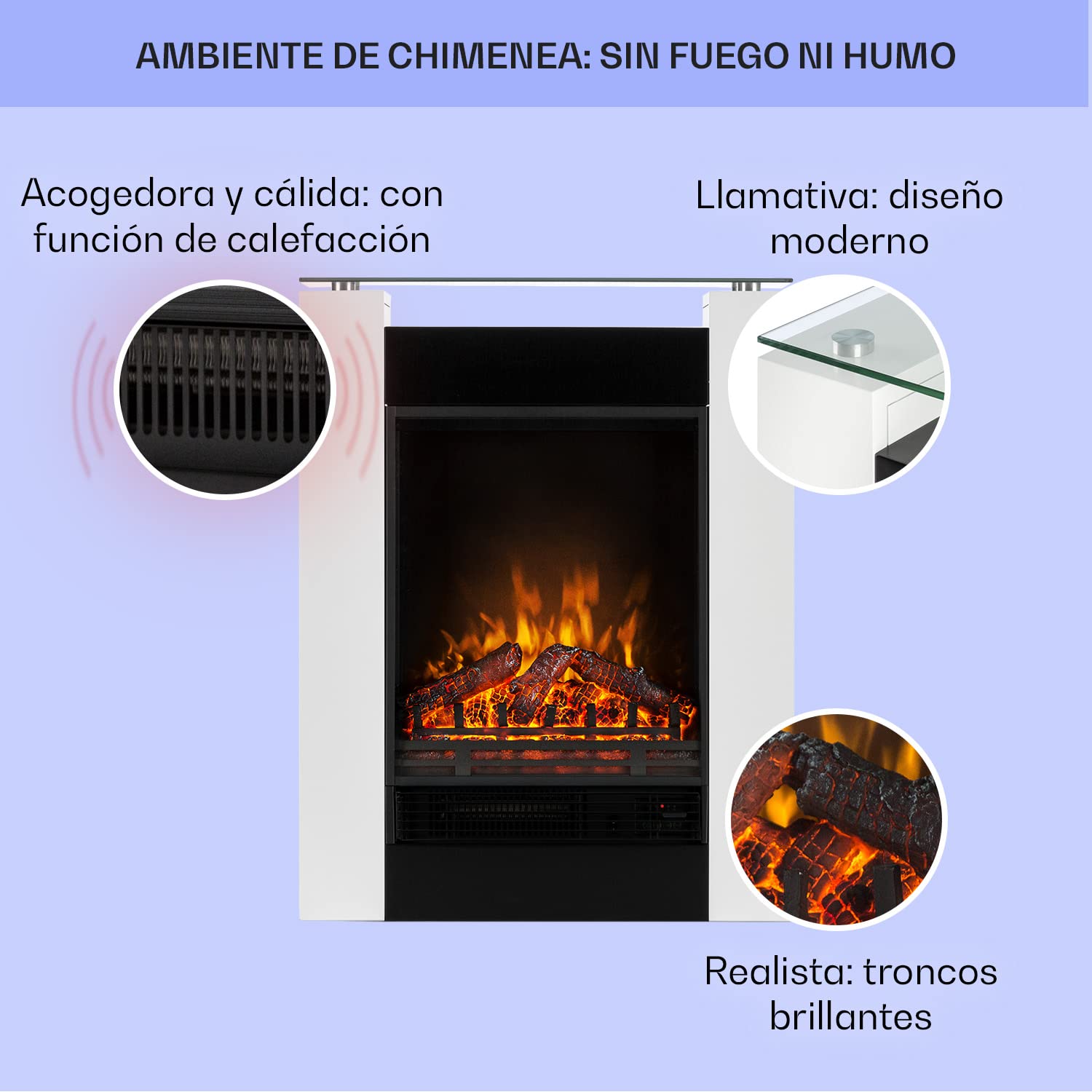 Klarstein Chimenea Electrica Pared, Estufa sin Leña de Interior, Chimeneas Electricas Decorativas 1800W, Llama LED, Chimenea Decorativa Falsa, Mando a Distancia, Temporizador y Termostato Ajustable