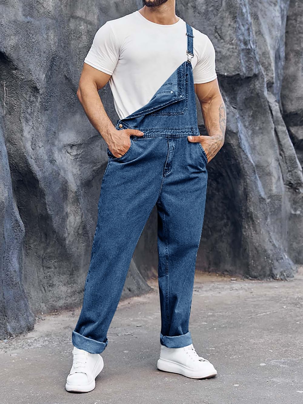 Runcati Men's Denim Bib Overall Jean Romper Trousers Adjustable Strap Workwear Slim Fit Jumpsuit