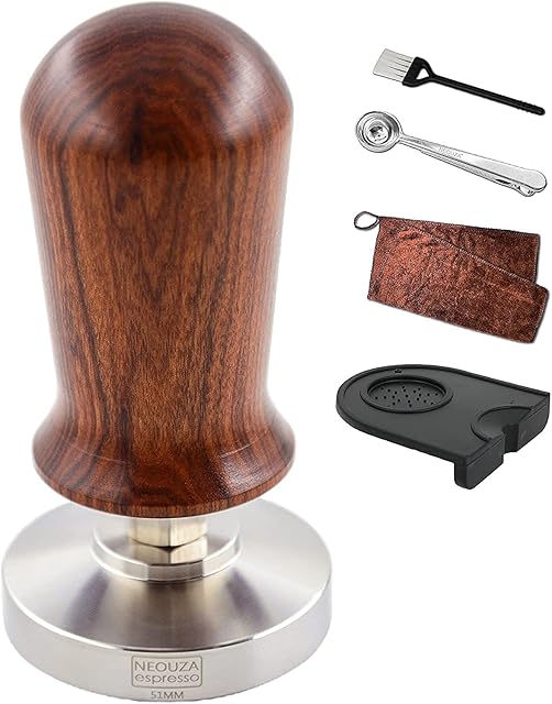 NEOUZA Calibrated Espresso 51mm Coffee Tamper Professional Press Hammer - Compatible with Delonghi Swan Smeg 304 Stainless Steel Flat Base with Spring Loaded Premium Wooden Handle