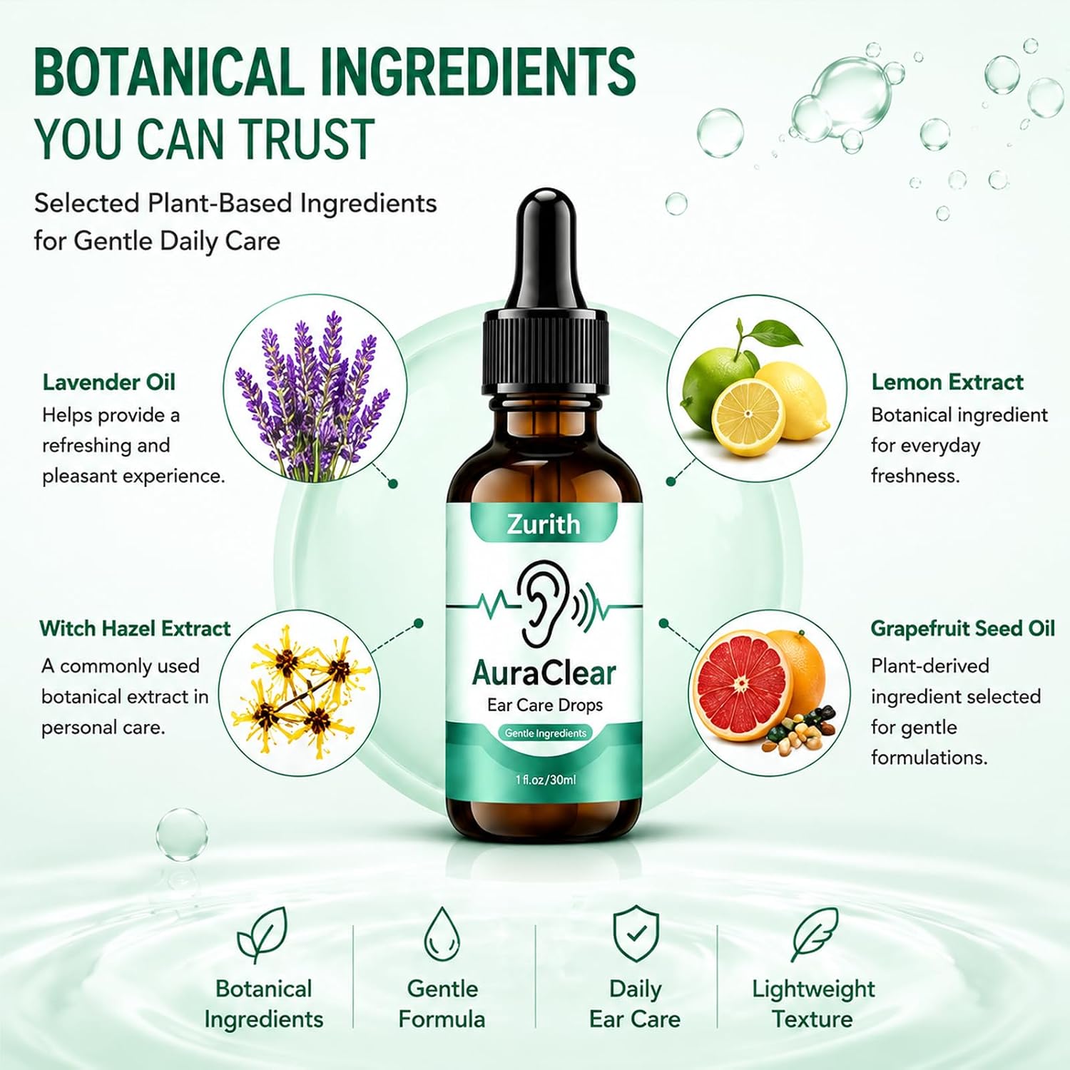 AuraClear Ear Cleaning and Relief Drops, Natural Ear Care Drops with Botanical Extracts with Olive Oil, Aloe Vera & Chamomile, Gentle Ear Cleaning Liquid for Daily Ear Hygiene, 30 ML / 1 OZ