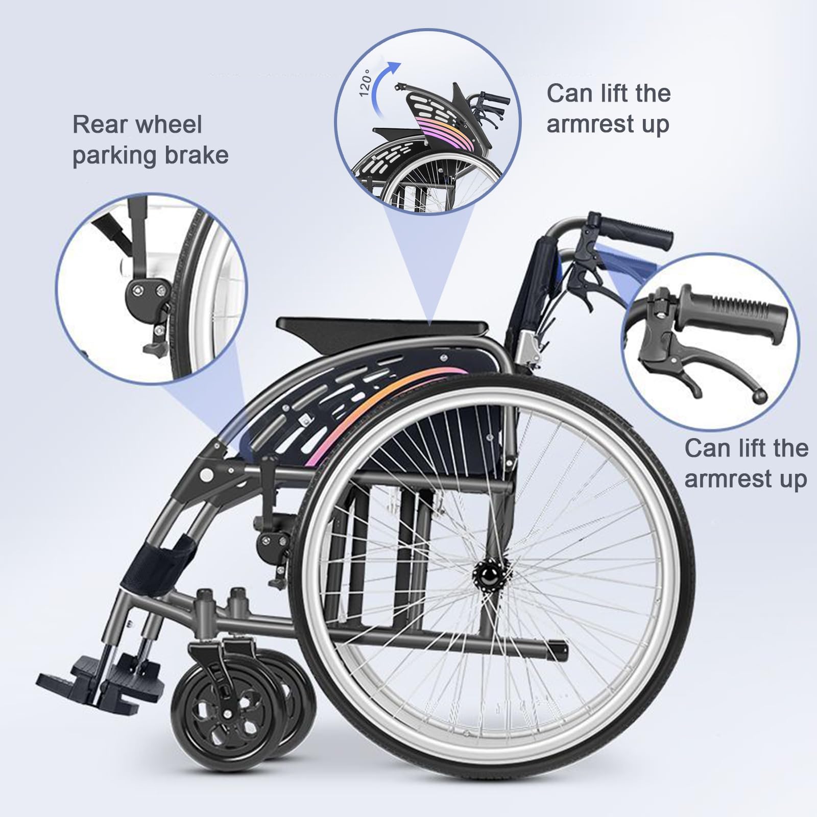 Silla de ruedas manual autopropulsada, silla de ruedas de aluminio plegable ligera con frenos de mano, ruedas traseras de liberación rápida y amortiguador para una fácil movilidad