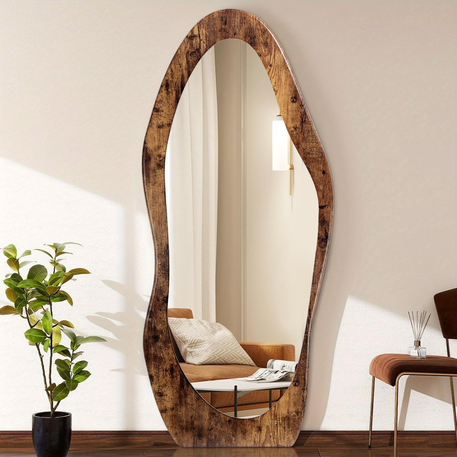 Full Length Mirror 59" x 24" Irregular Wall Mirrors Wood Framed Full Body Mirror Hanging or Leaning Against Wavy Floor Mirrors for Living Room Bedroom Entryway Bathroom Retro Brown