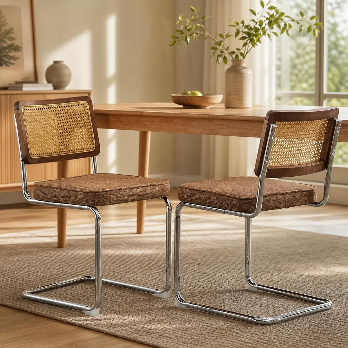 Mid-Century Dining Chairs Set of 2, Upholstered Accent Chairs with Natural Cane Back, Foam Seat and Stainless Steel Cantilever Base for Kitchen and Dining Room
