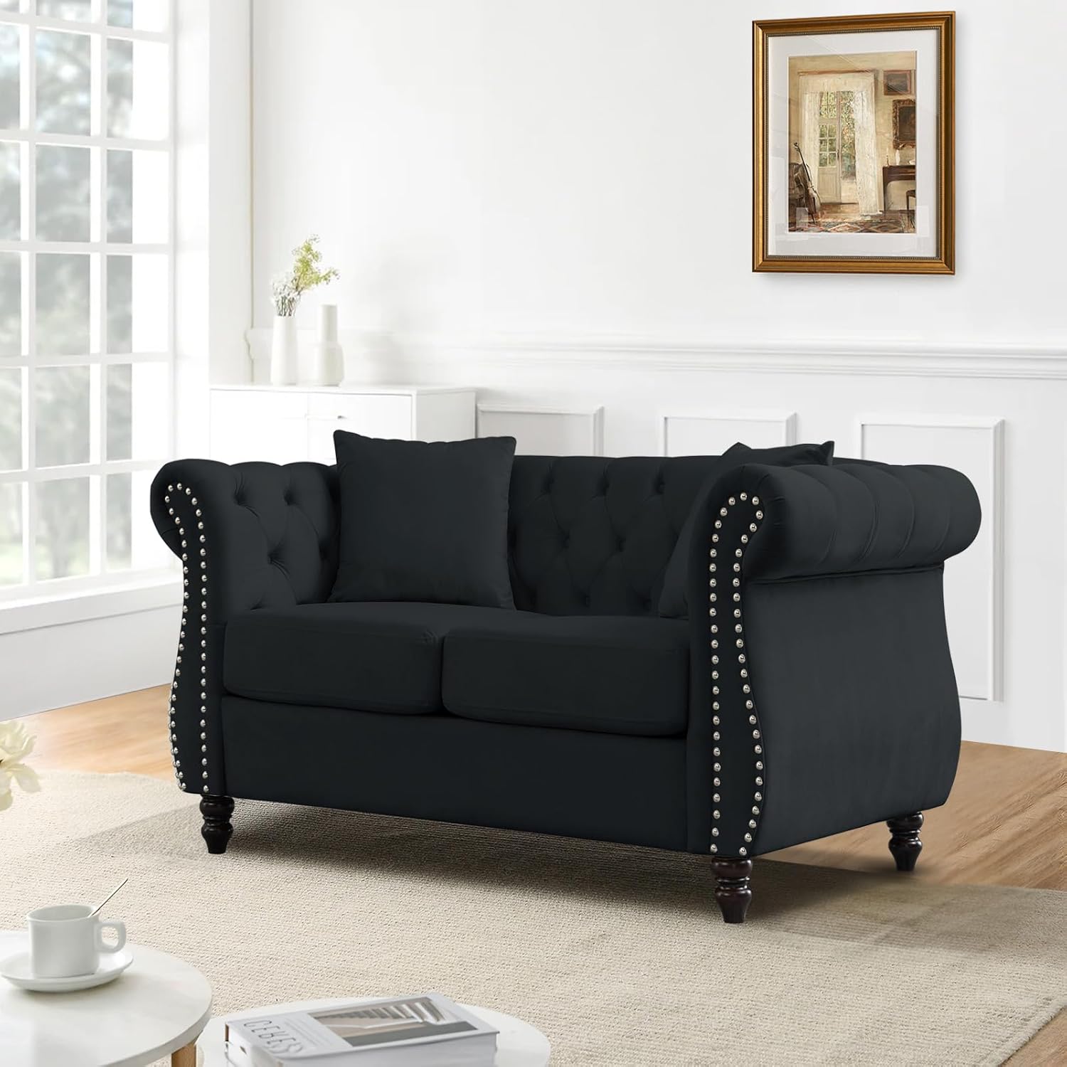 JEEOHEY Chesterfield Sofa,58" Button Tufted Velvet Couch with Rolled Arms&Nailhead Trim,Comfy 2 Seater Loveseat Sofa,Oversize Mid Century Modern Couch for Living Room,Bedroom,Apartment,Office(Black)