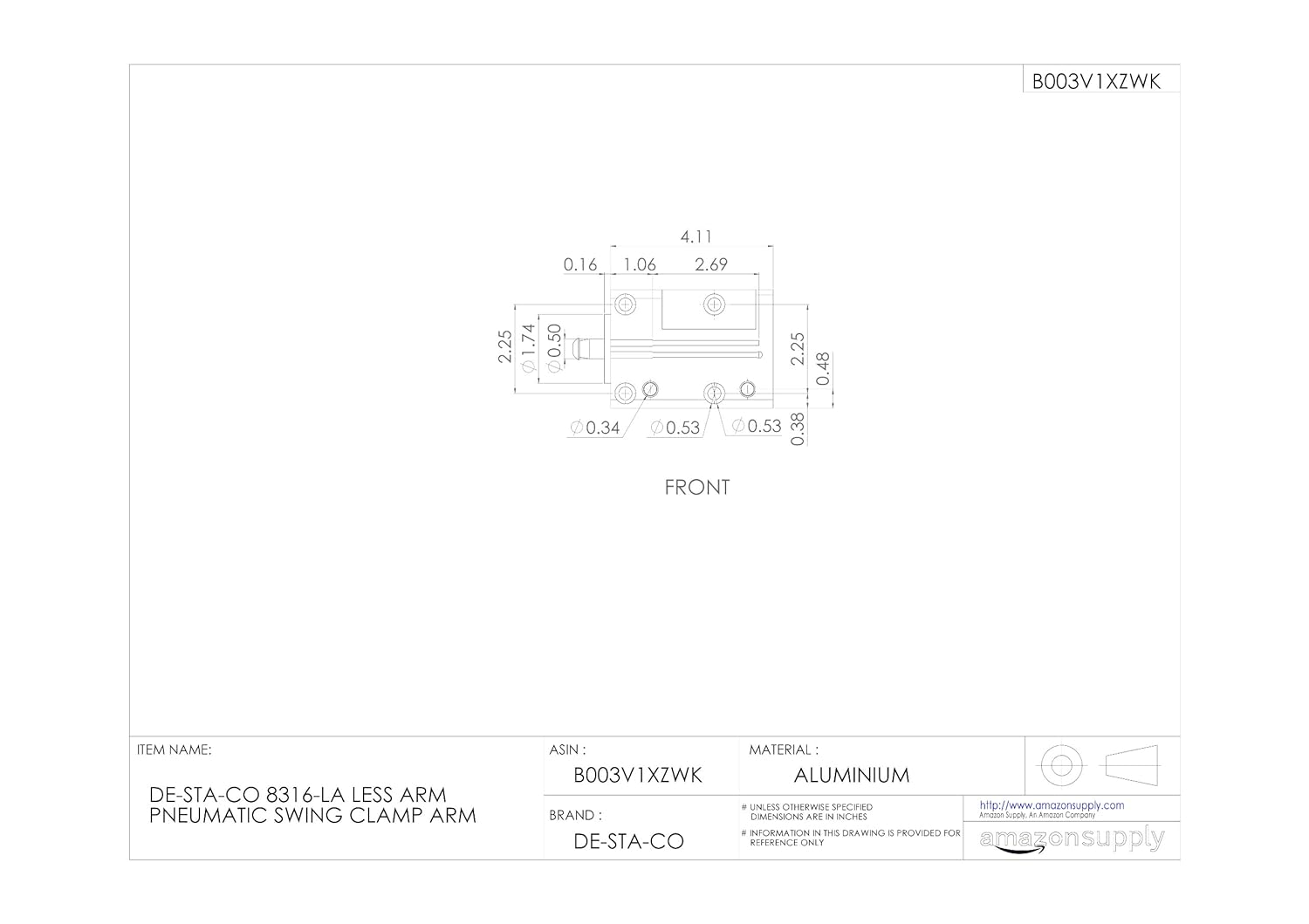 DE-STA-CO 8316-LA Less Arm Pneumatic Swing Clamp Arm