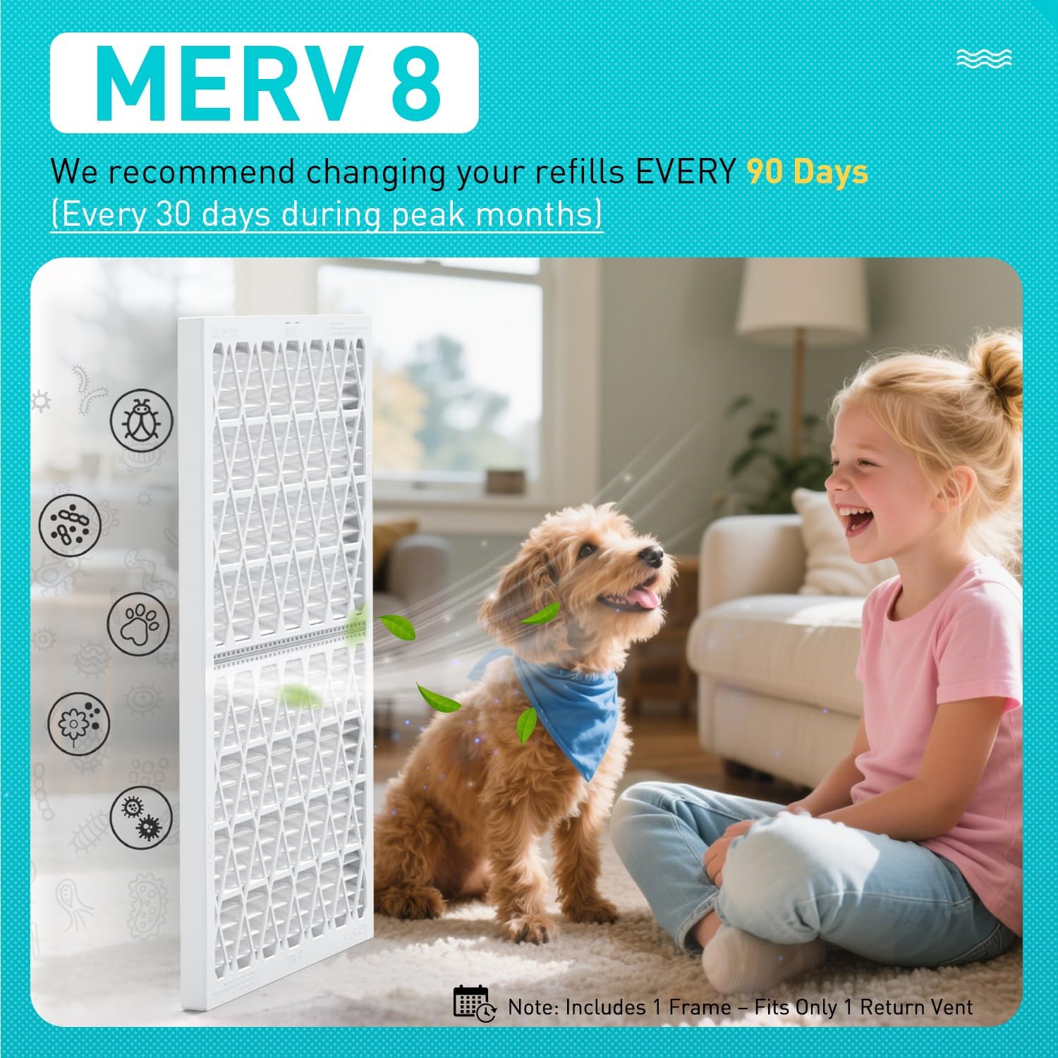 16x20x1 MERV8 Refillable Air Filter Starter Kit, 1 Reusable Foldable Frame ＆ 6 Refills, Perfect for Most AC HVAC Furnace Devices, Actual Size 15.75x19.75x0.75in