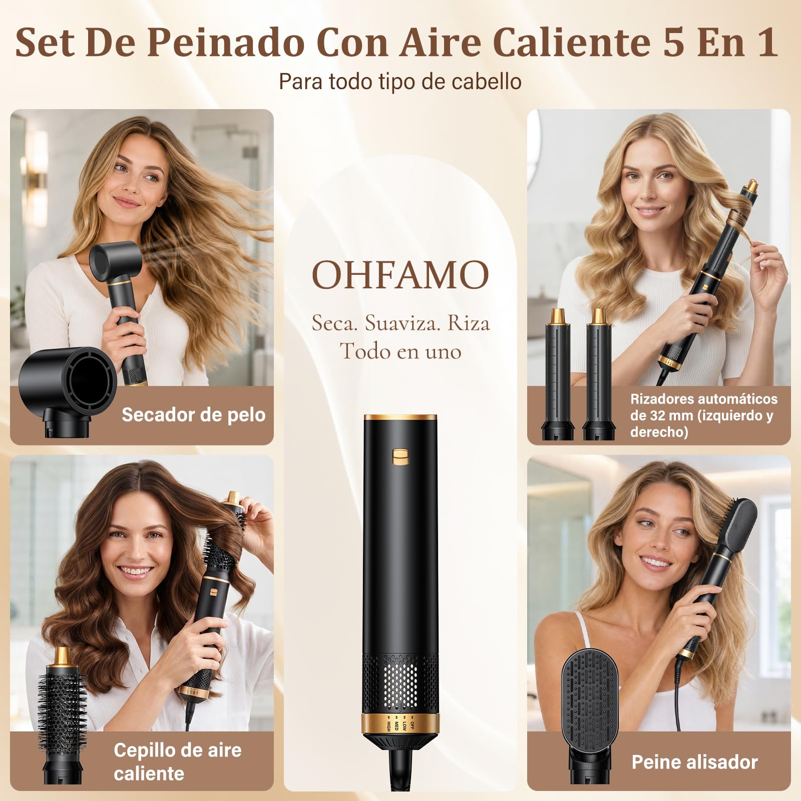 5 en 1 Moldeador de Pelo, Cepillo Secador de Pelo con Secador Iónico, Rizador Automático, Cepillo Alisador y Aire Caliente para Secar, Rizar, Alisar y Crear Volumen en Casa, Diario y Viajes | Peinado
