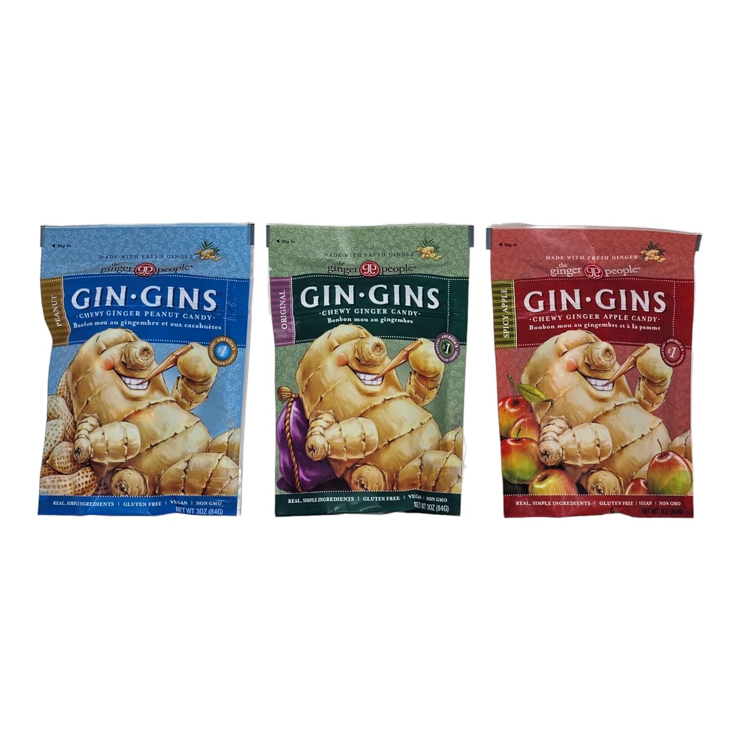 Ginger Chews Variety 3 packs (Original, Spicy Apple, Peanut)-3 oz each