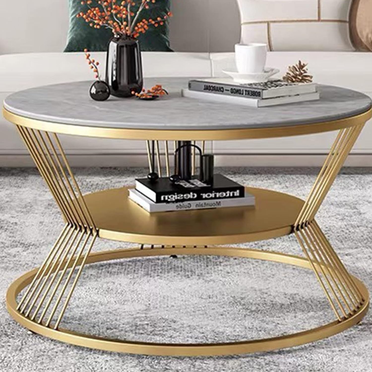 CROWN ART SHOPPEE Coffee Table DoubleLayer Marble Look Coffee Table