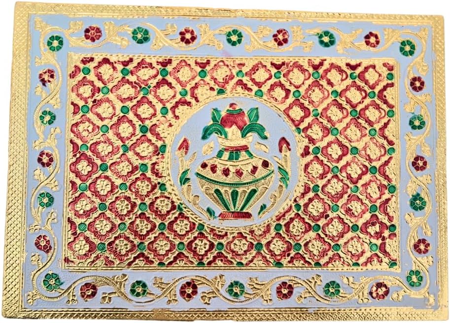 AANIJ® Kalash Designed Multicolor and Golden Base Wooden Meenakari Rajwadi Chowki/Patla | Wooden patla for puja - 35 cm X 25 cm X 5.5 cm Pack of 1