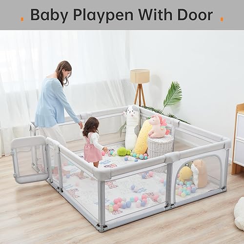 Miniatura 4 de Corralito plegable de 71 x 71 pulgadas para bebés y niños pequeños con puerta, corralitos grandes con puerta con cremallera, área de juegos (gris