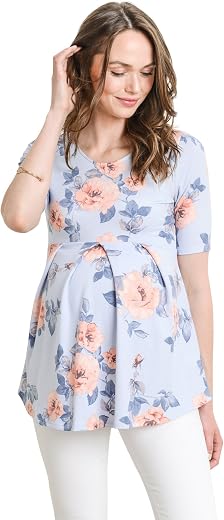 Women's Maternity top Peplum Blouse with Front Pleat for Pregnancy, Chambray Floral, X-Large