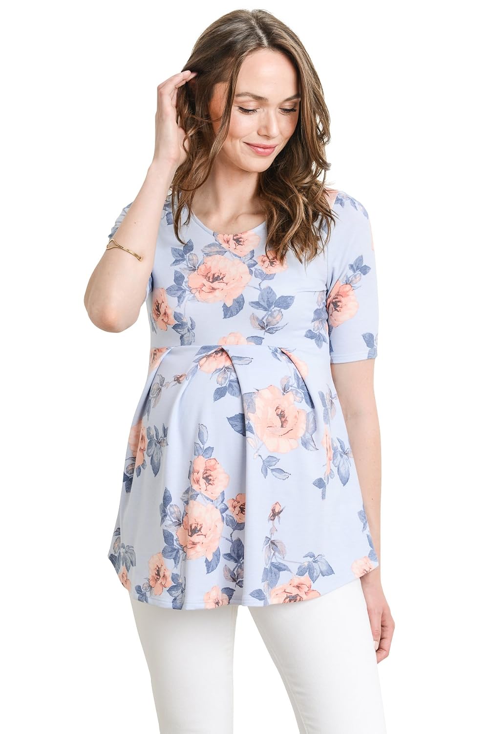 Women's Maternity top Peplum Blouse with Front Pleat for Pregnancy, Chambray Floral, X-Large