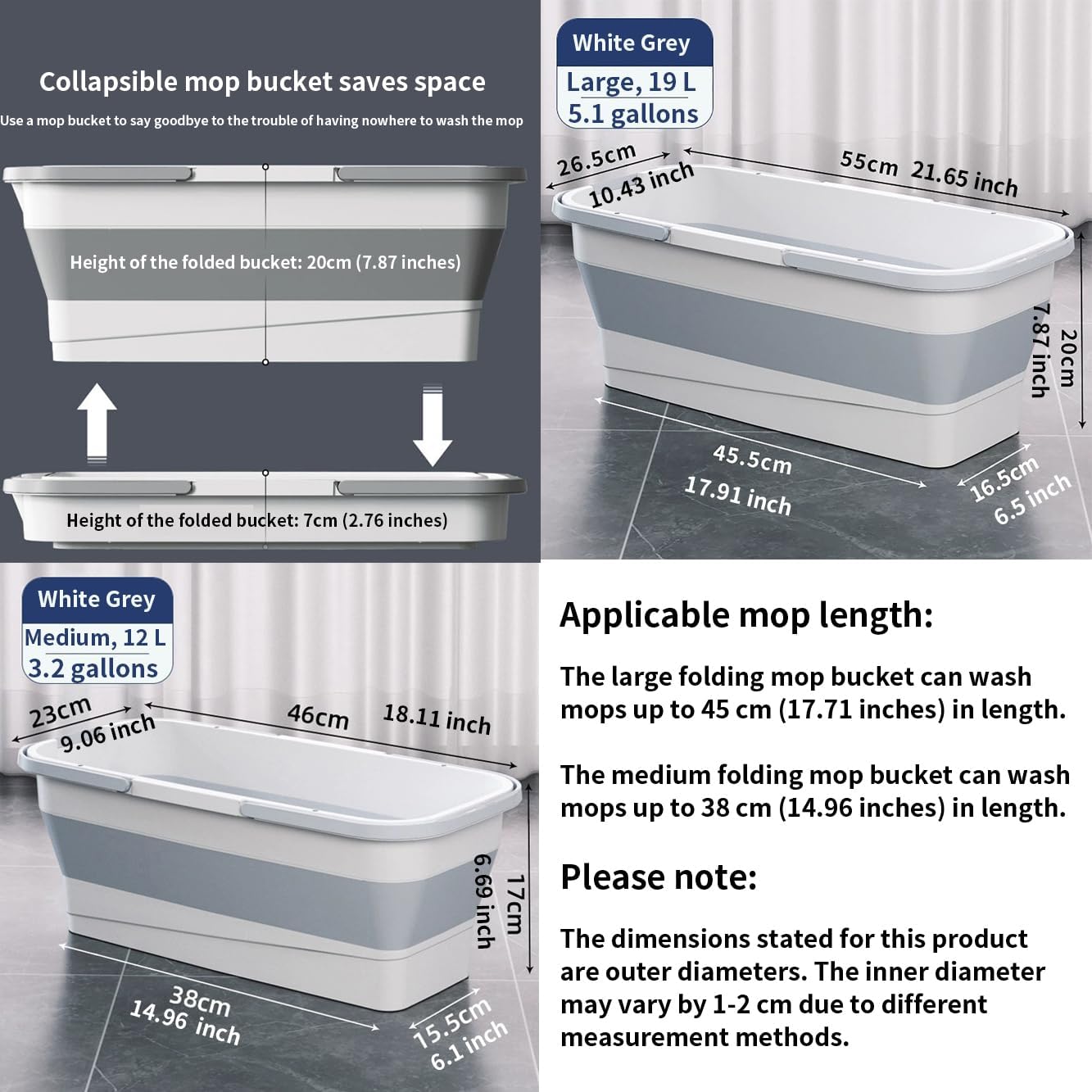 Collapsible Mop Bucket - 19L 5.1 Gallon Rectangular Foldable Water Basin with Dual Handles and Reinforced Base - for Versatile House Cleaning Camping RV Car Washing and Pet Bathing Use