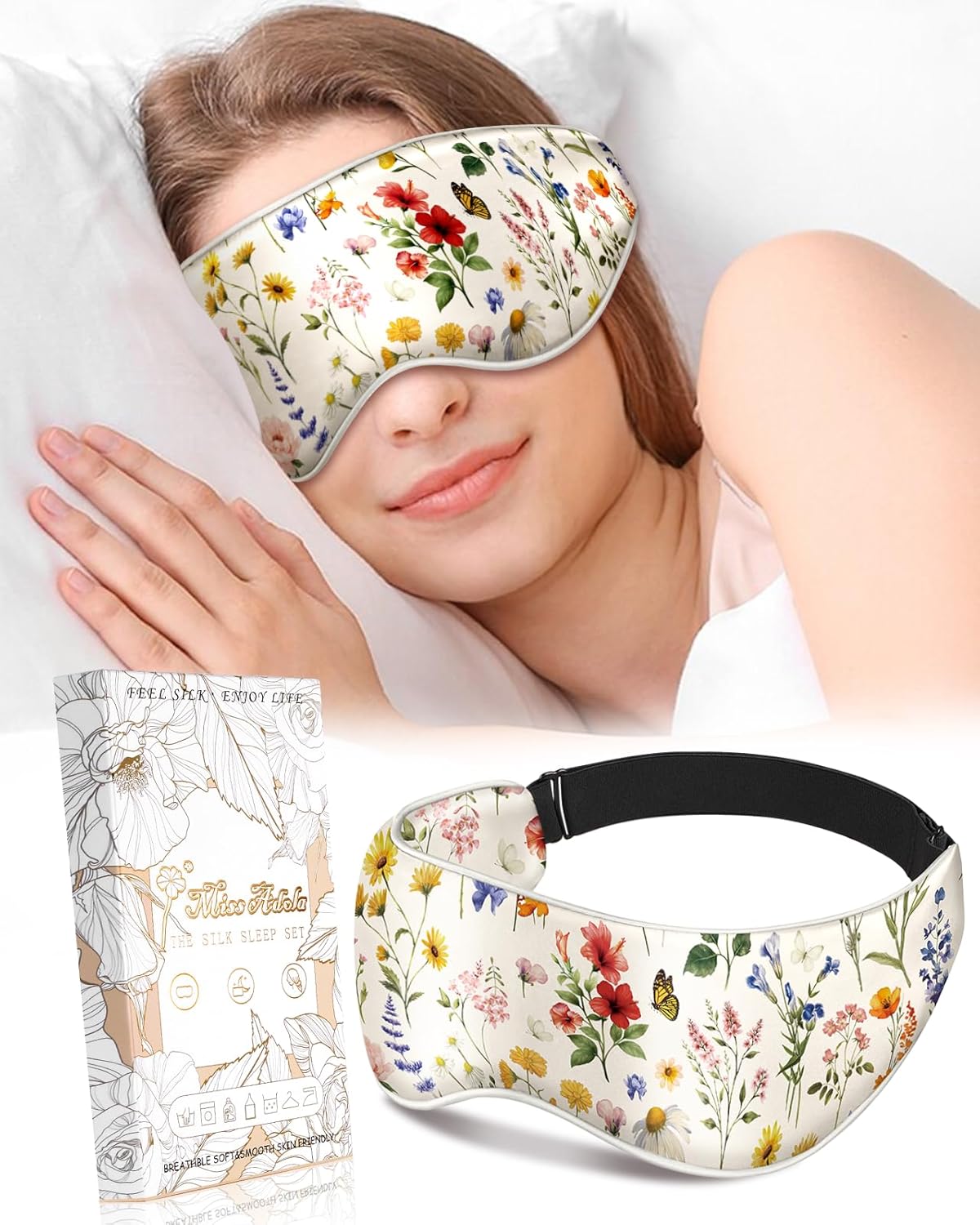 Silk Weighted Eye Mask – Microwave Eye Mask Heat and Cold Warm Compress for Sleeping Dry Eyes Pillow Soft Smooth Lavender Mulberry Silk Sleep Mask for Women Wife Mom – Flower