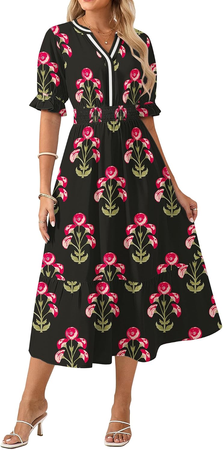 GRACE KARIN Womens Summer Floral Maxi Dress 2026 Casual Ruffle Short Sleeve Boho Dress A Line Flowy Dresses with Pockets