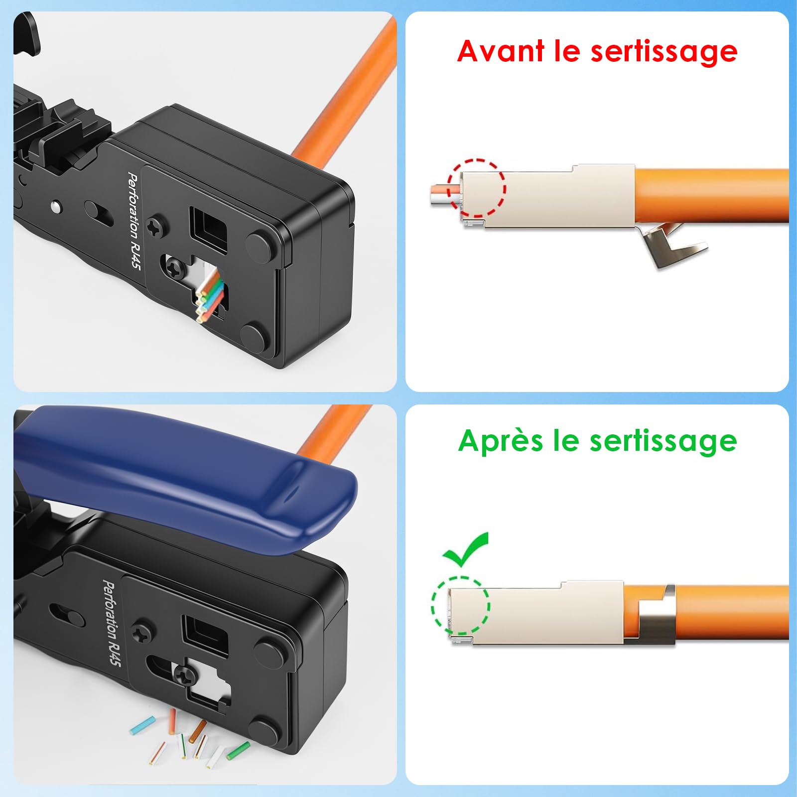 RJ45 Network Tool Kit, Sertisseuse Pass Through pour Cat7 Cat6 Cat5, Testeur de Câbles LAN, Outil LSA, 10 x RJ45 Plug, 4 x Sans Outil Prise Cat7, Pour RJ11 RJ12