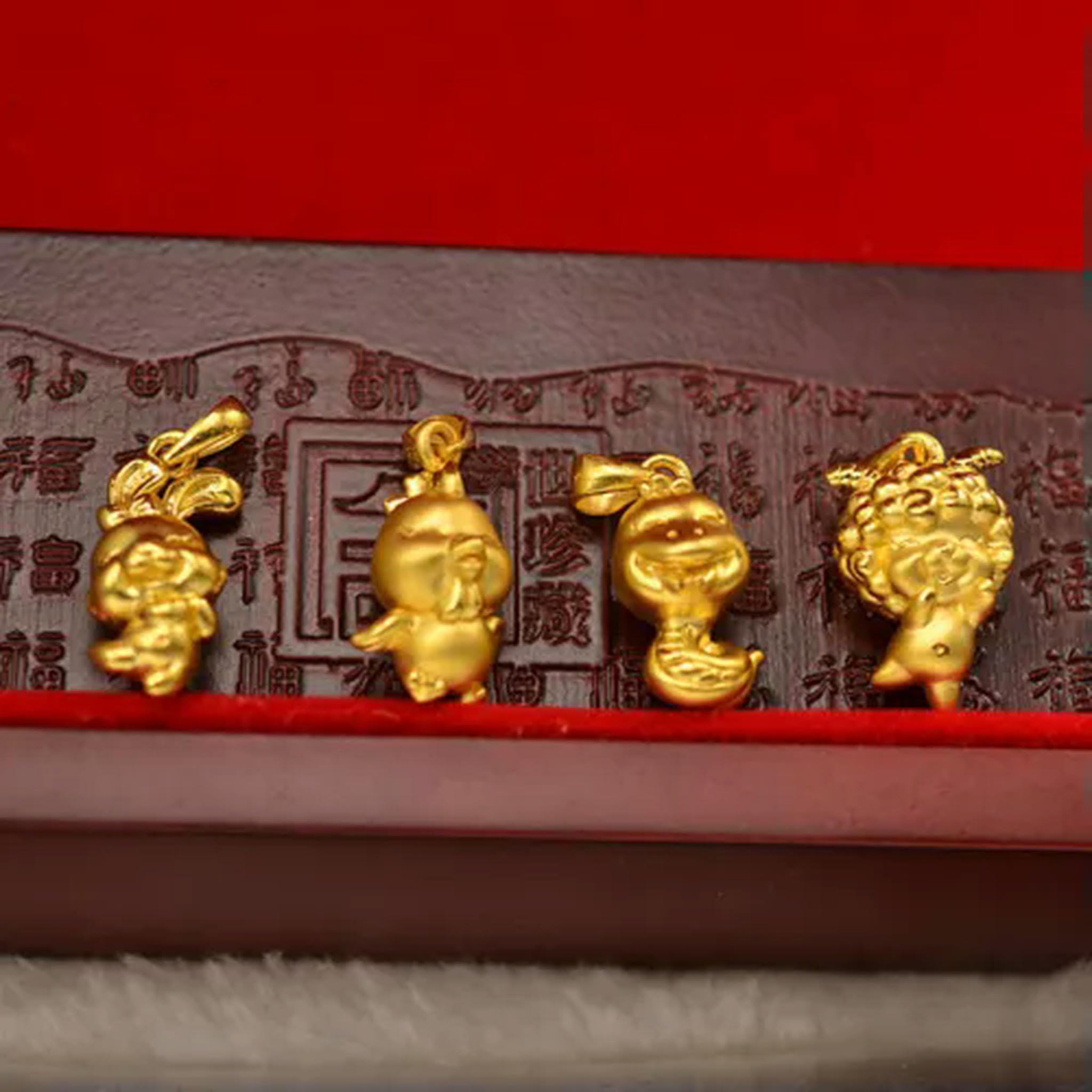 1 Stück Echt 24 Karat Gelbgold Anhänger Damen Sternzeichen Zwölf 3D Tanz Hase Tiger-Drache-1,5-1,6g
