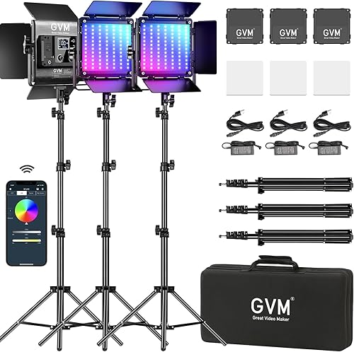 GVM RGB - Kit de iluminación de video LED 800D con control de aplicación, kit de iluminación de video para iluminación de fotografía de YouTube, 3