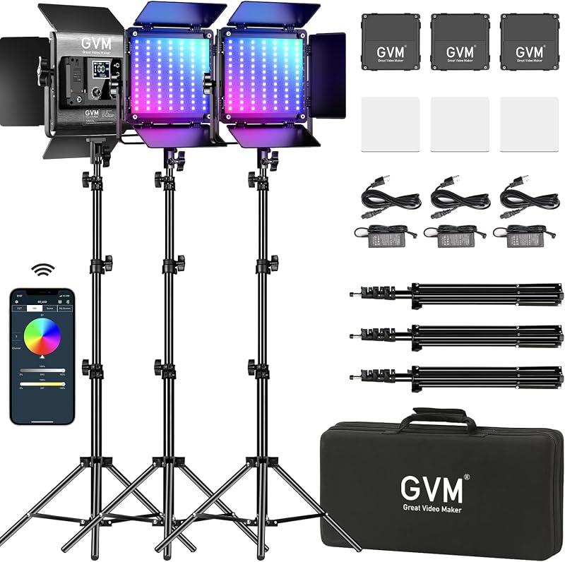 GVM RGB LED Kit de iluminación de vídeo, luces de vídeo de estudio 800D con panel, control de aplicación para iluminación de fotografía de YouTube, 3200K-5600K, 8 tipos de luces de escena, 3 paquetes