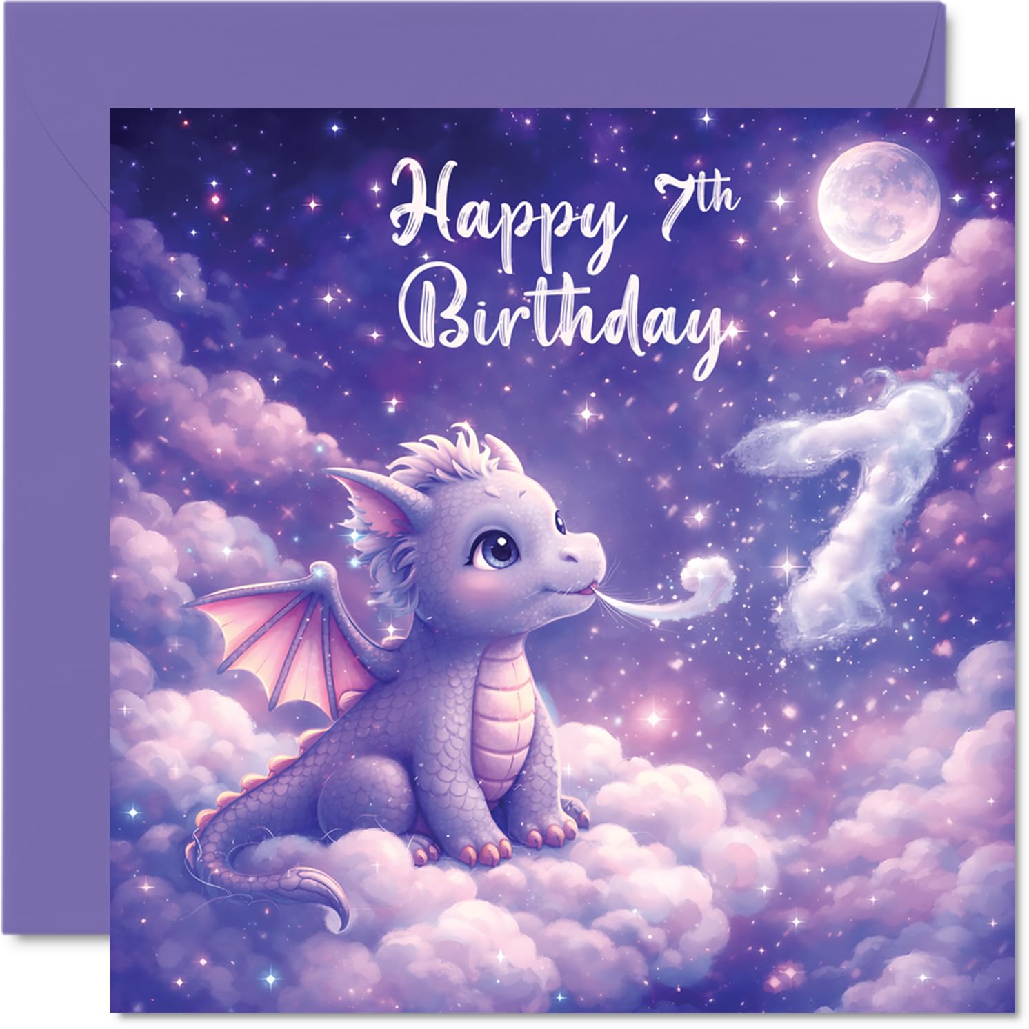 Cute 7th Birthday Card - Whimsical Dragon and Clouds Scene - Magical Seventh Birthday Design - Bursting with Playful Colour - 145mm Square, Envelope Included