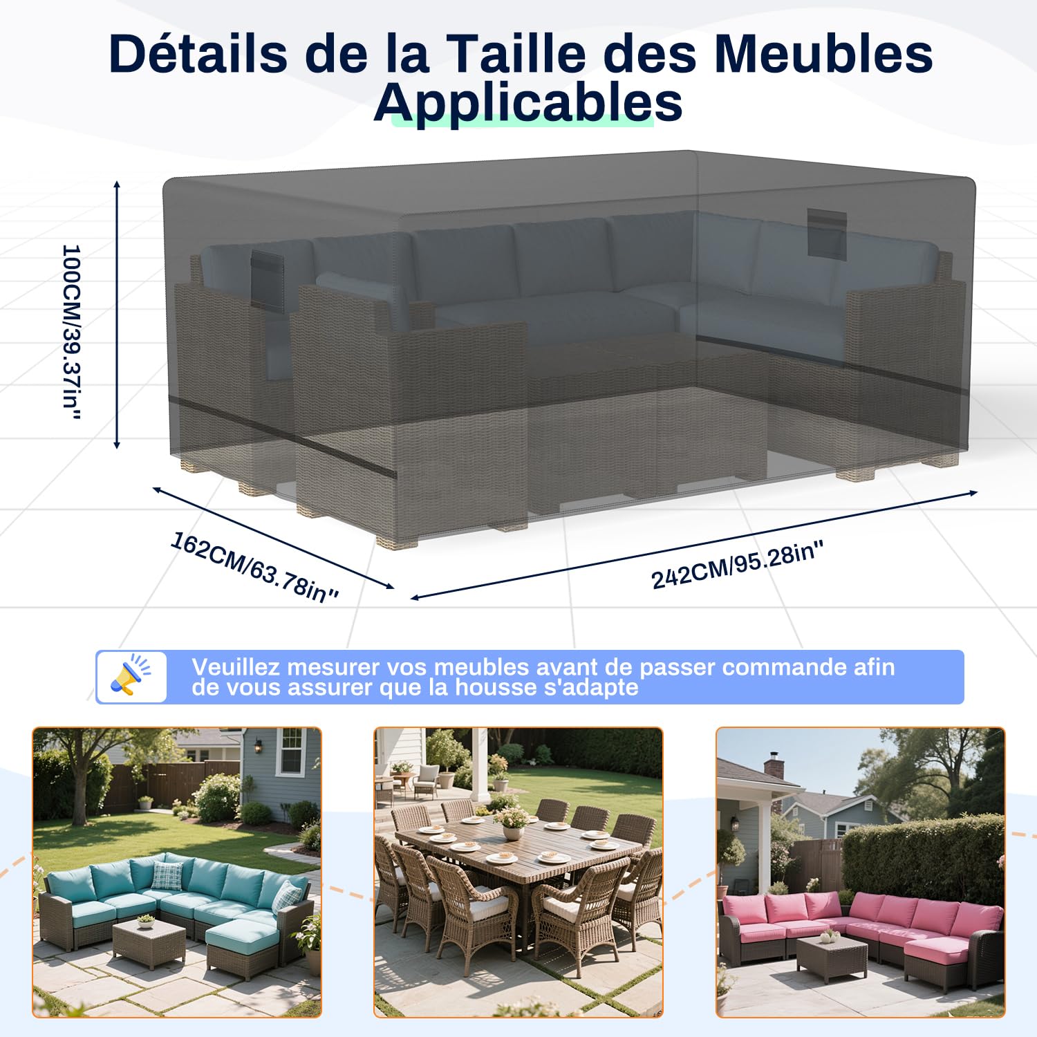 Housses pour Mobilier de Jardin 242 * 162 * 100cm, Housse de Protection Salon de Jardin Imperméable, Bache Table de Jardin en Tissu Oxford, 600D