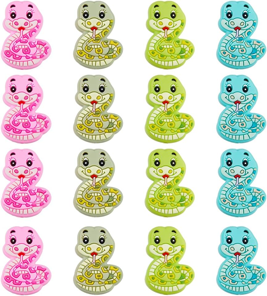 16Pcs Silicone Focal Beads 4 Colors Cute Snake Focal Beads Cartoon Animal Spacer Loose Beads for DIY Keychains Bracelet Necklace Beaded Pens Lanyard Making