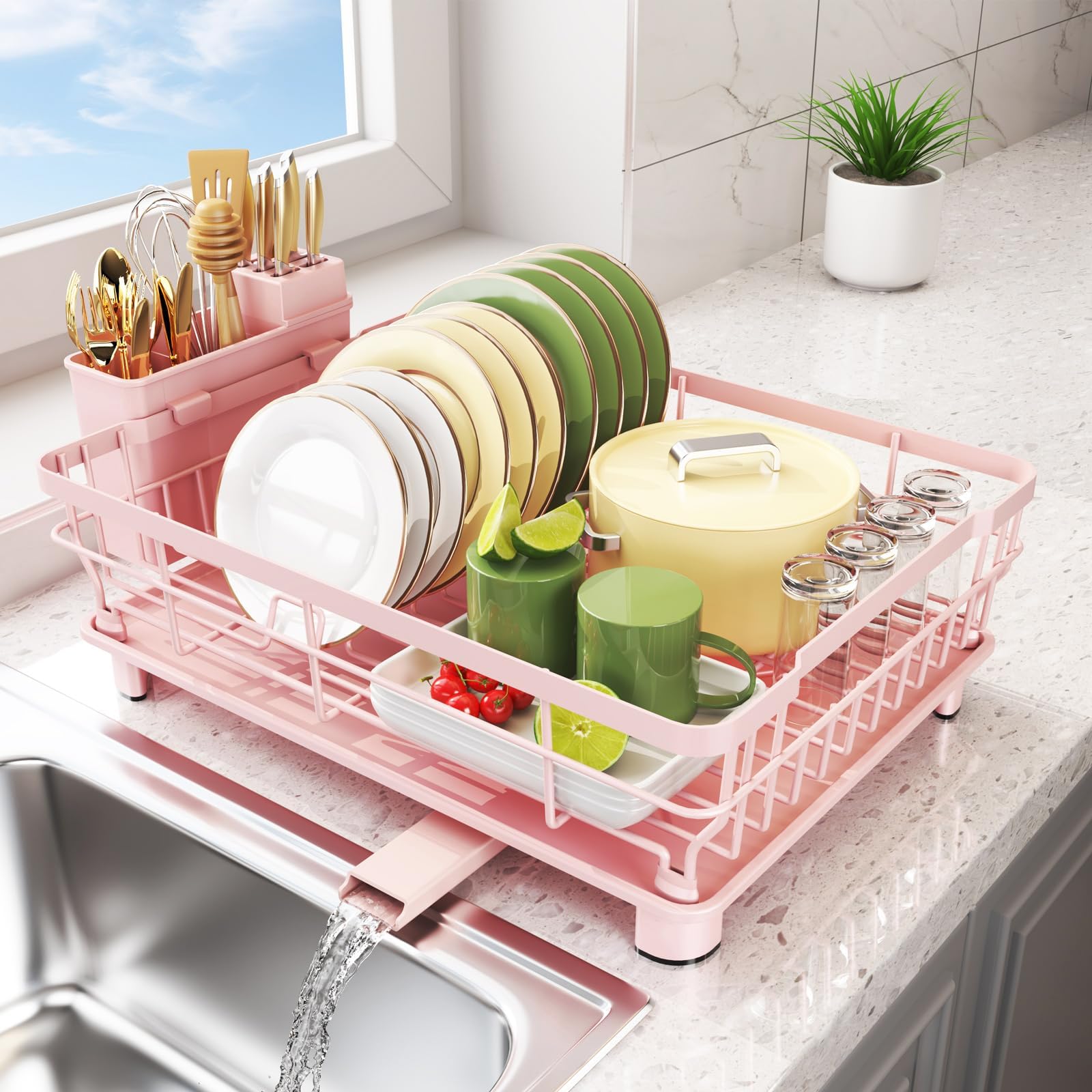 Dish Drying Rack - Space Saving Dish Rack - Dish Racks for Kitchen Counter with Drainboard,Rustproof Dish Drainer with Removable Utensil Holder and Swivel Spout,Pink