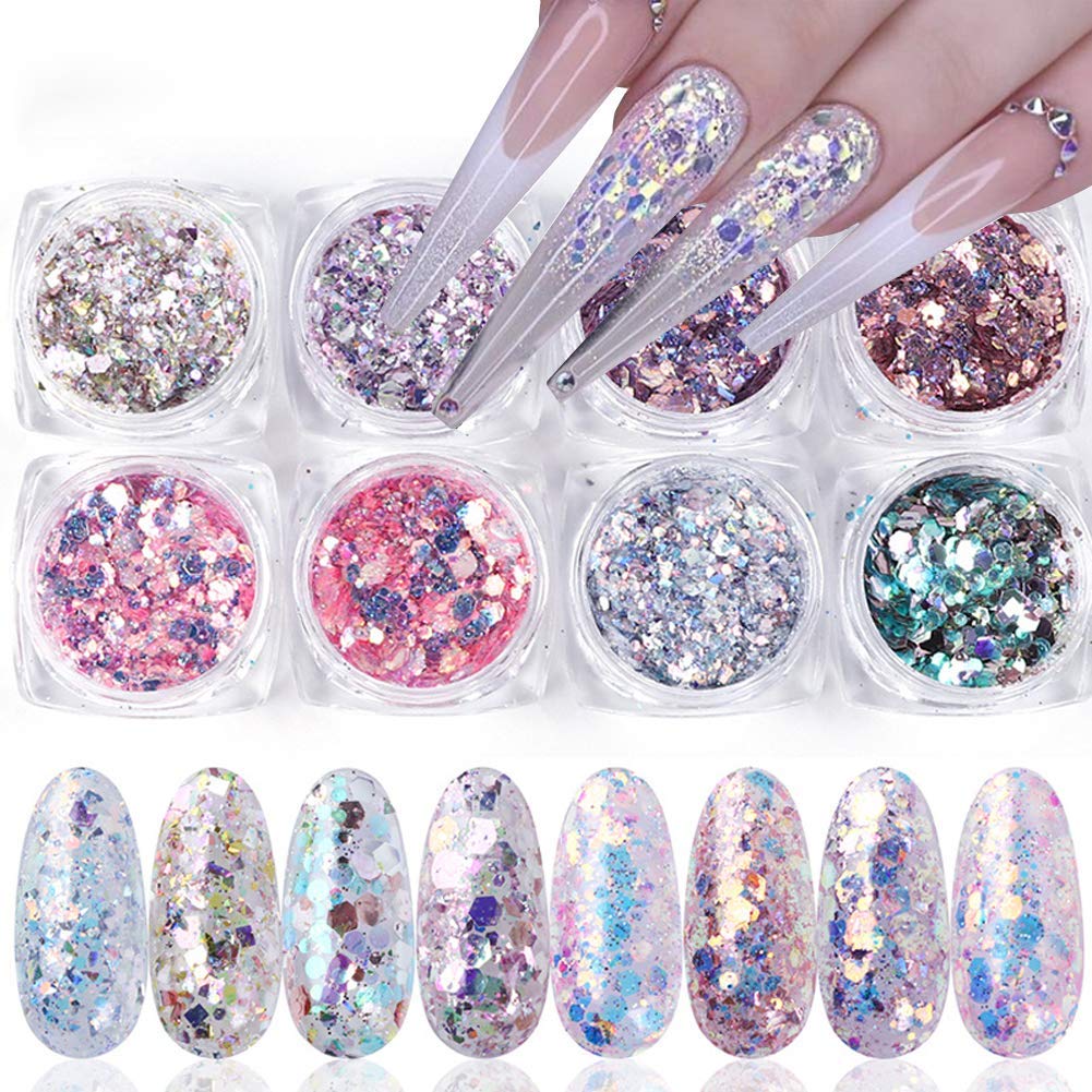 Holographic Nail Art Sequins 3D Nails Glitter Power Nail Art Accessories Shining Acrylic Powder Dust Sequins for Nail Art Decoration Confetti Nail Sparkle Glitters Manicure Supplies 8 Boxes