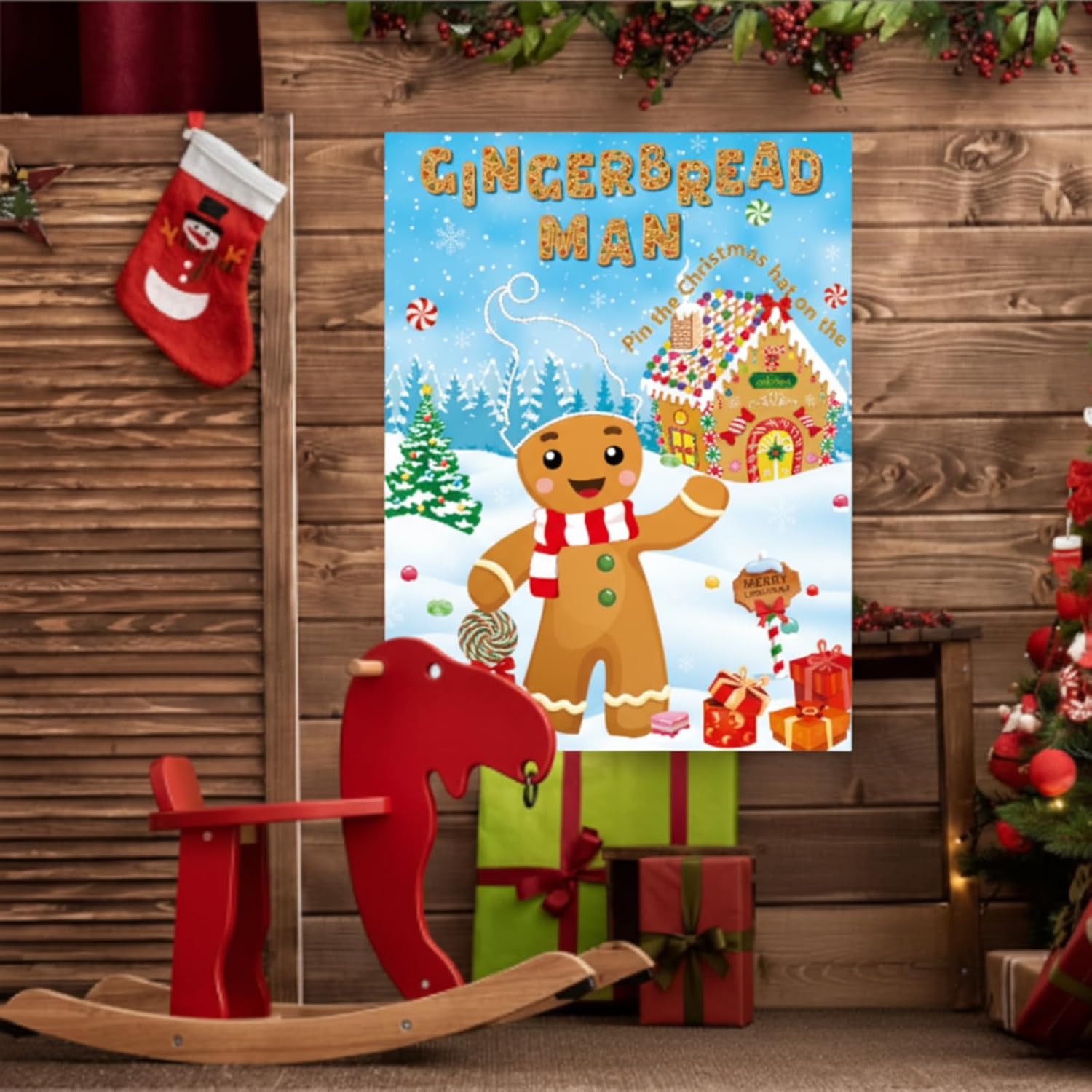 Faccito Pin The Christmas Hat on The Gingerbread Man Game Christmas Games for Party Large Xmas Gingerbread Poster Sticker Blindfold for Christmas Winter Holiday Group Family Winter Activity Supply image 5
