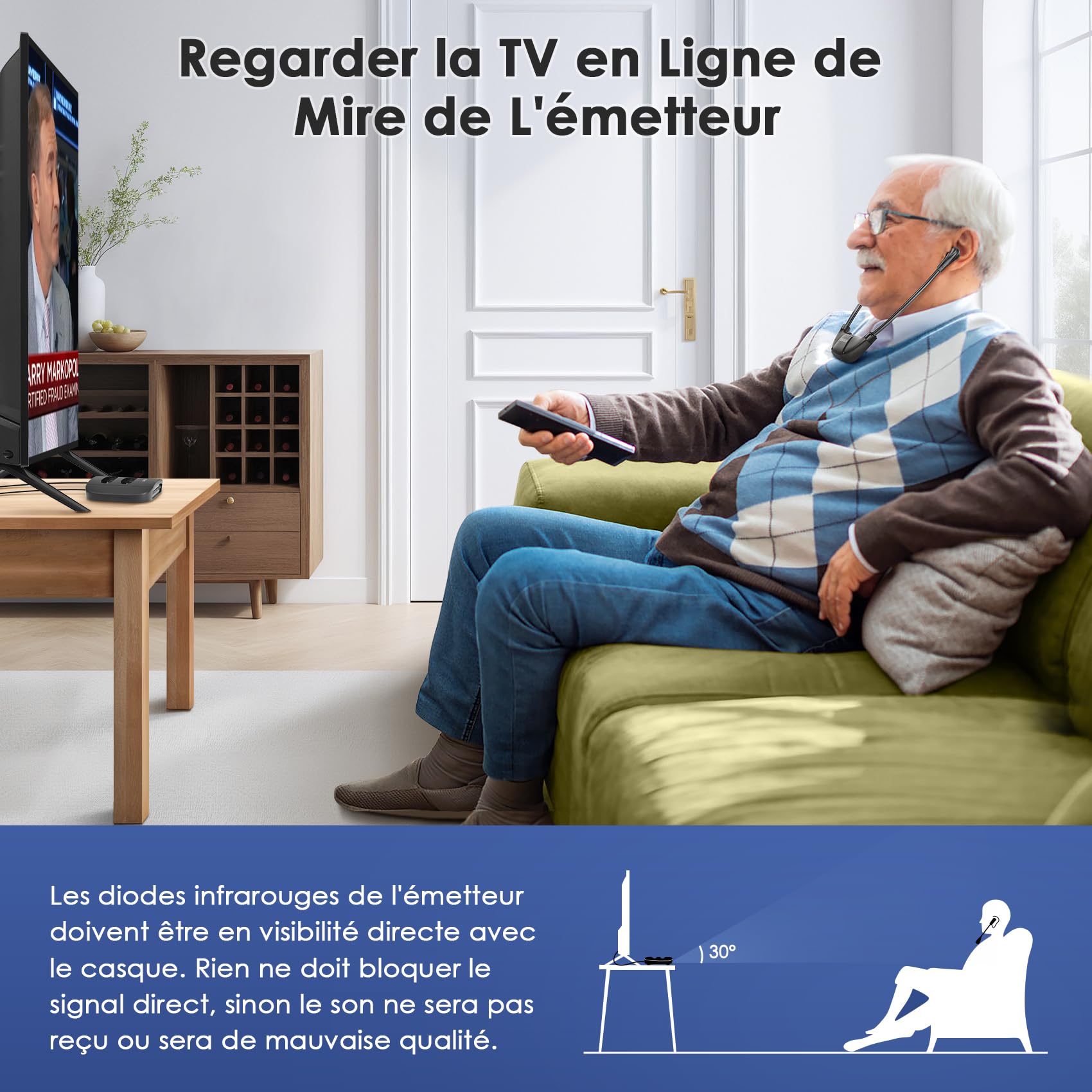 SIMOLIO Double Casque TV sans Fil pour Séniors, Infrarouge, 3 Préréglages de Tonalité, Volume Séparé, 15 Heures Batterie, Son Ambiant, Combiné émetteur/Chargeur, Compatible avec la Plupart des TVs