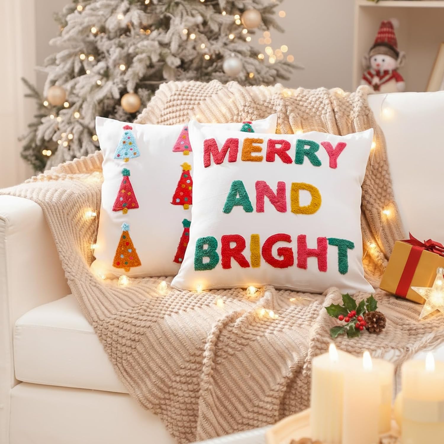 Remagr 2 Pcs Merry and Bright Christmas Tree Pillow Covers Pink Embroidered 18 x 18 Inches 3D Pillow Covers Decorative for Winter Xmas Home Bedroom Sofa Decor