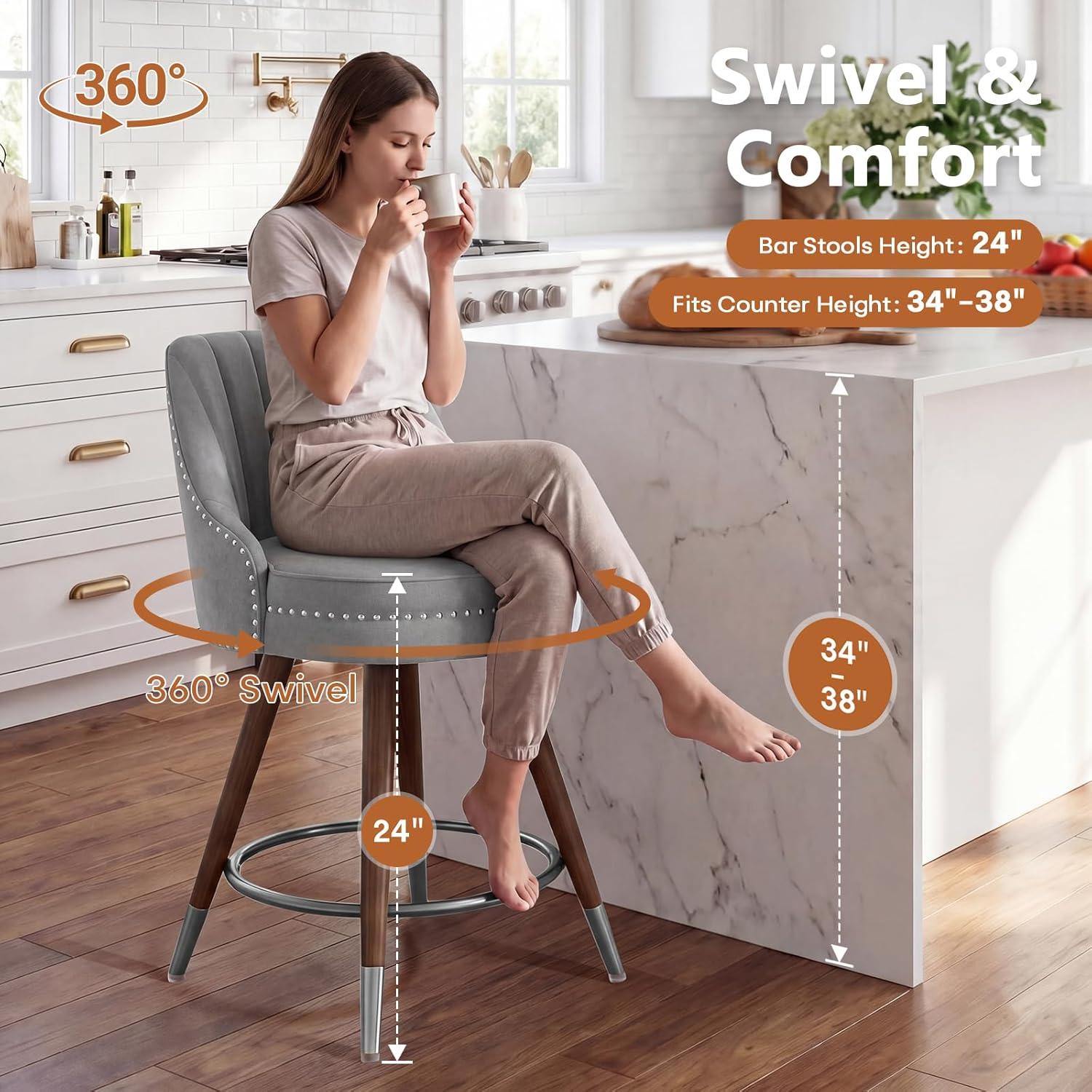 Counter Height Bar Stools Set of 2, 24" Leather Bar Stools with Backs, Swivel Counter Stools with Wooden Legs for Kitchen, Dining Room, Bar, Grey