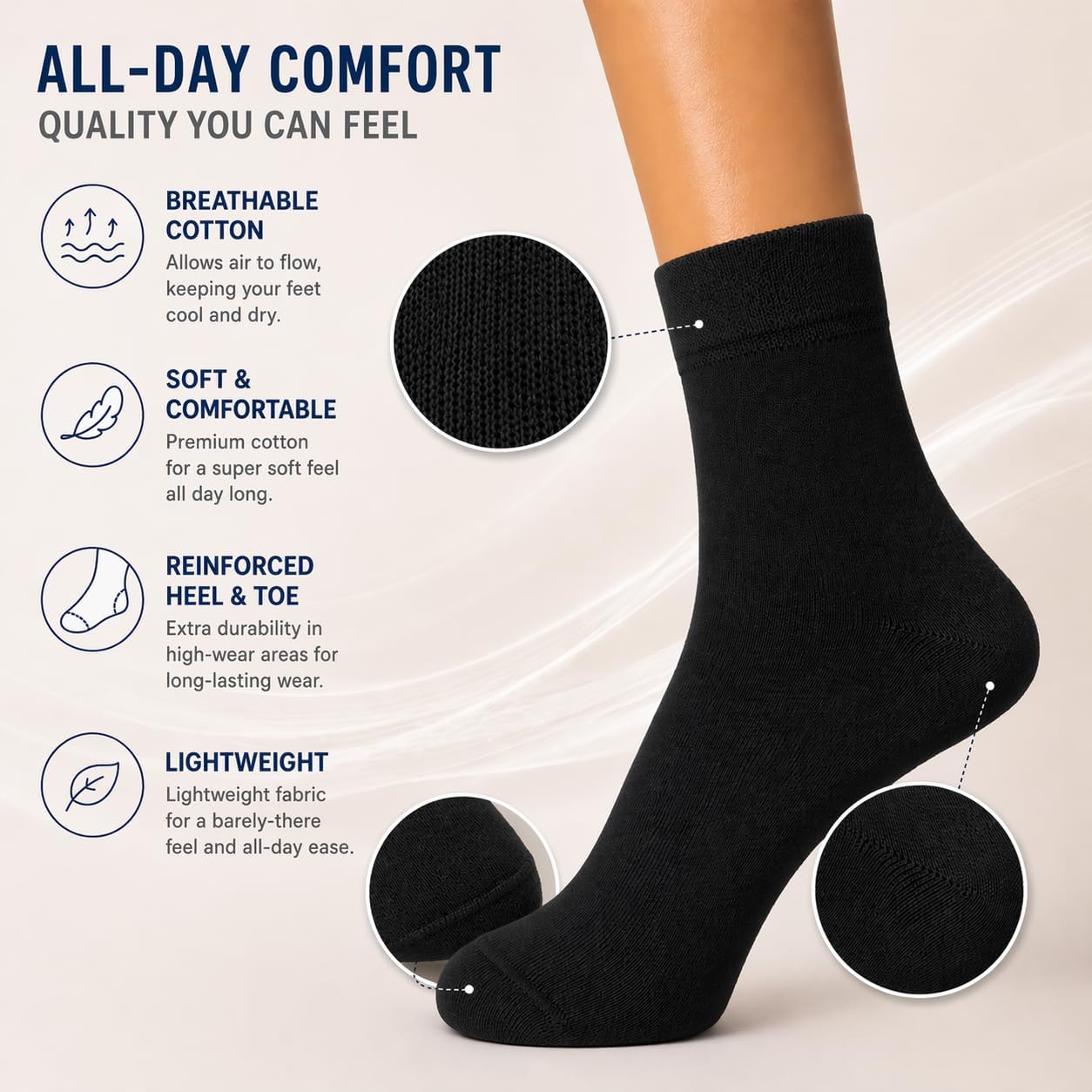 RONDO Breathable Quarter Thin Ankle High Socks - Comfort Cool Soft Lightweight Cotton Crew Socks for Mens Womens 4-Pairs 9-12