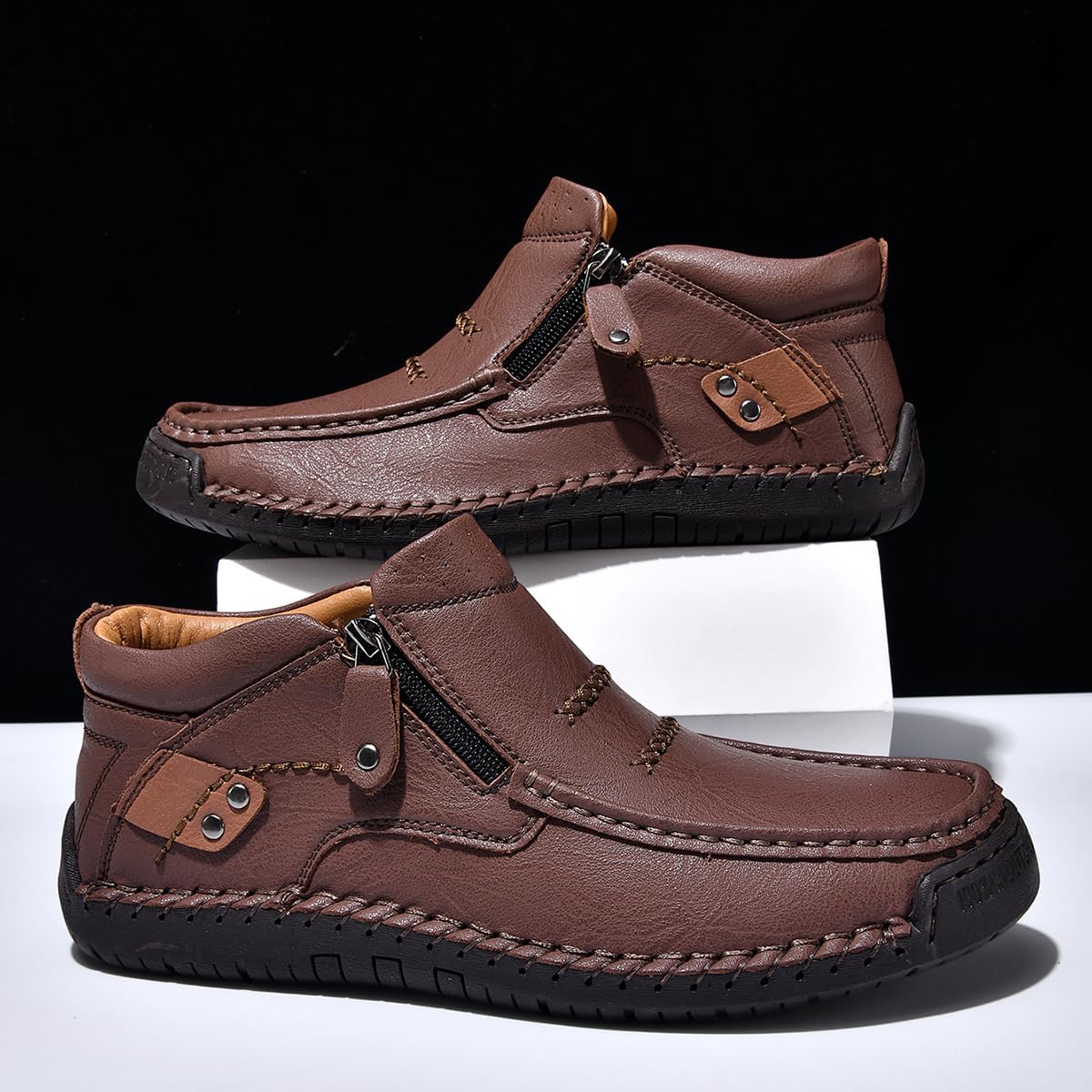 Coramtty Men's Casual Chukka Boots Handmade Comfort Vintage Mid Top Ankle Boots Side Zipper Lightweight Loafers Walking Driving Dress Shoes