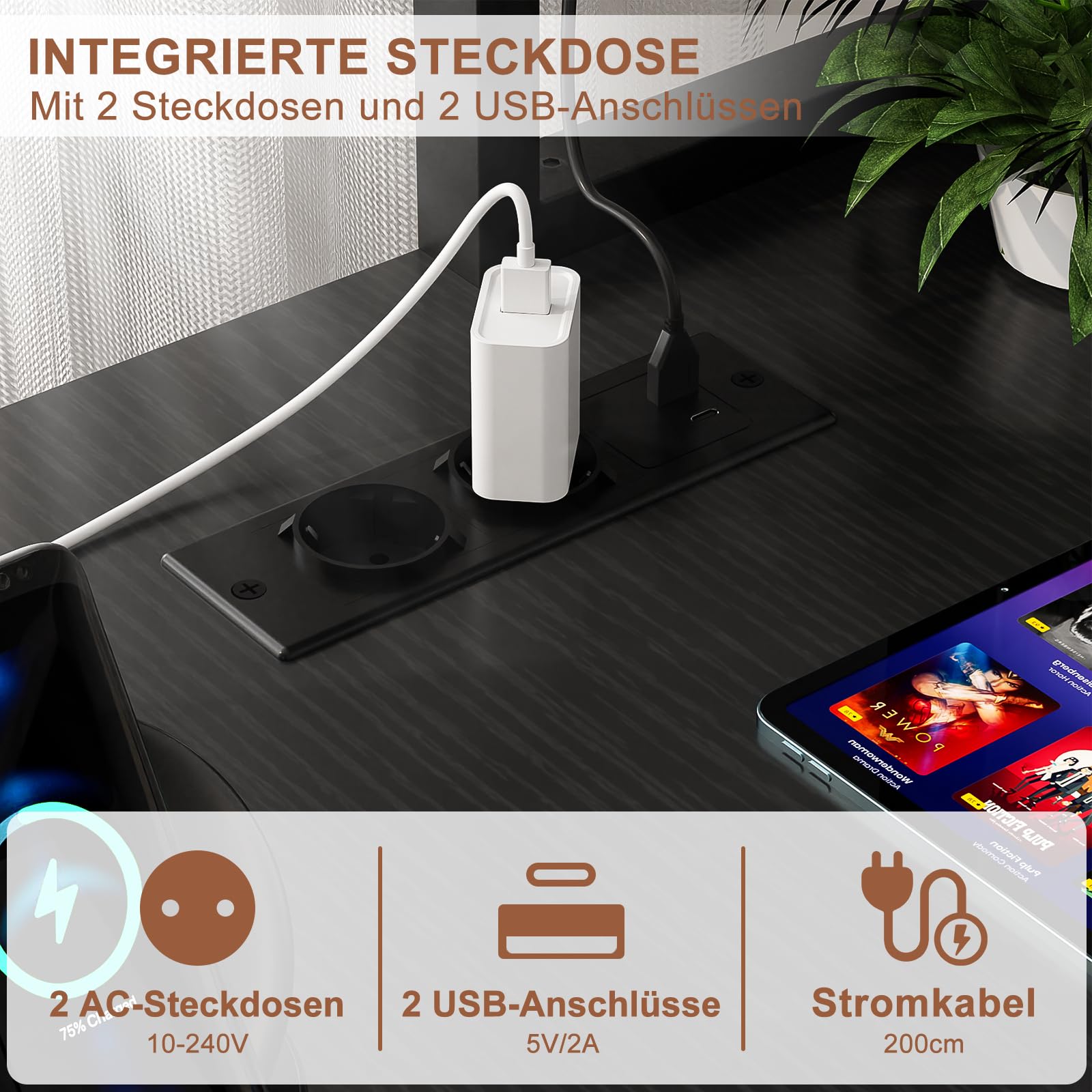 iSunirm L-förmiger Gaming-Schreibtisch mit Steckdosen und LED-Leuchten, Kleiner L-förmiger Schreibtisch, Computer-Eckschreibtisch mit Monitorständer und Ablage, mit Aufbewahrungstasche, Schwarz