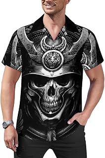 Samurai Skull Mens Shirts Hawaiian Short Sleeved Cuban Collar Graphic Tees Tops