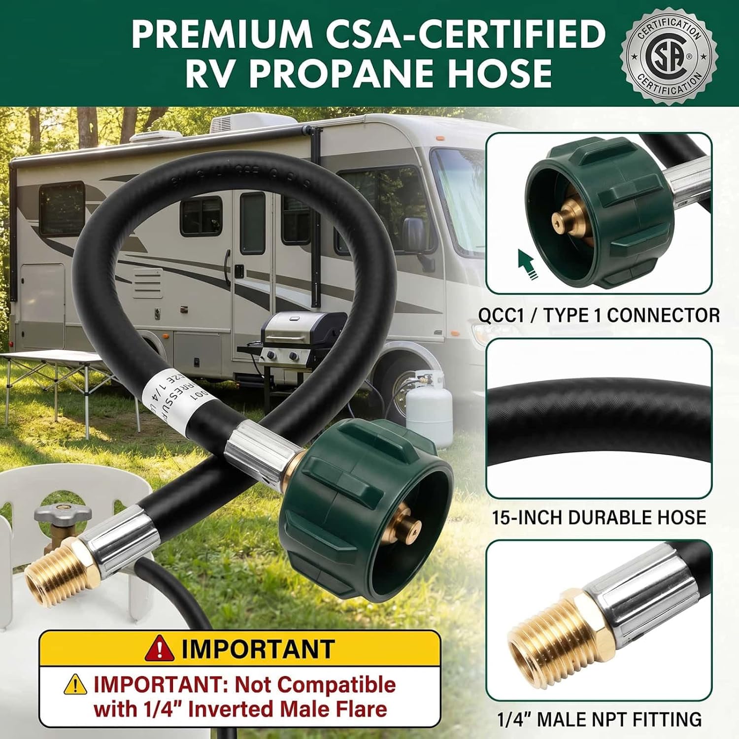 RV Propane Hose, Propane Tank Hose, 15" RV Propane Hose with 1/4" Male NPT & Qcc1/Typel, 2 Pack RV Propane Tank Hose for Camper, Trailer, BBQ Grill, Outdoor Cooking & Camping