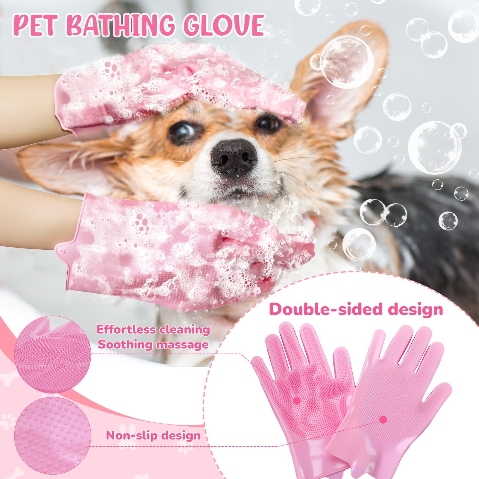Kit de toilettage pour chien - 8 pièces avec brosse à démêler, gants de bain, serviettes et brosse à dents en silicone - Idéal pour chiens, chats, petits et grands animaux de compagnie (rose)