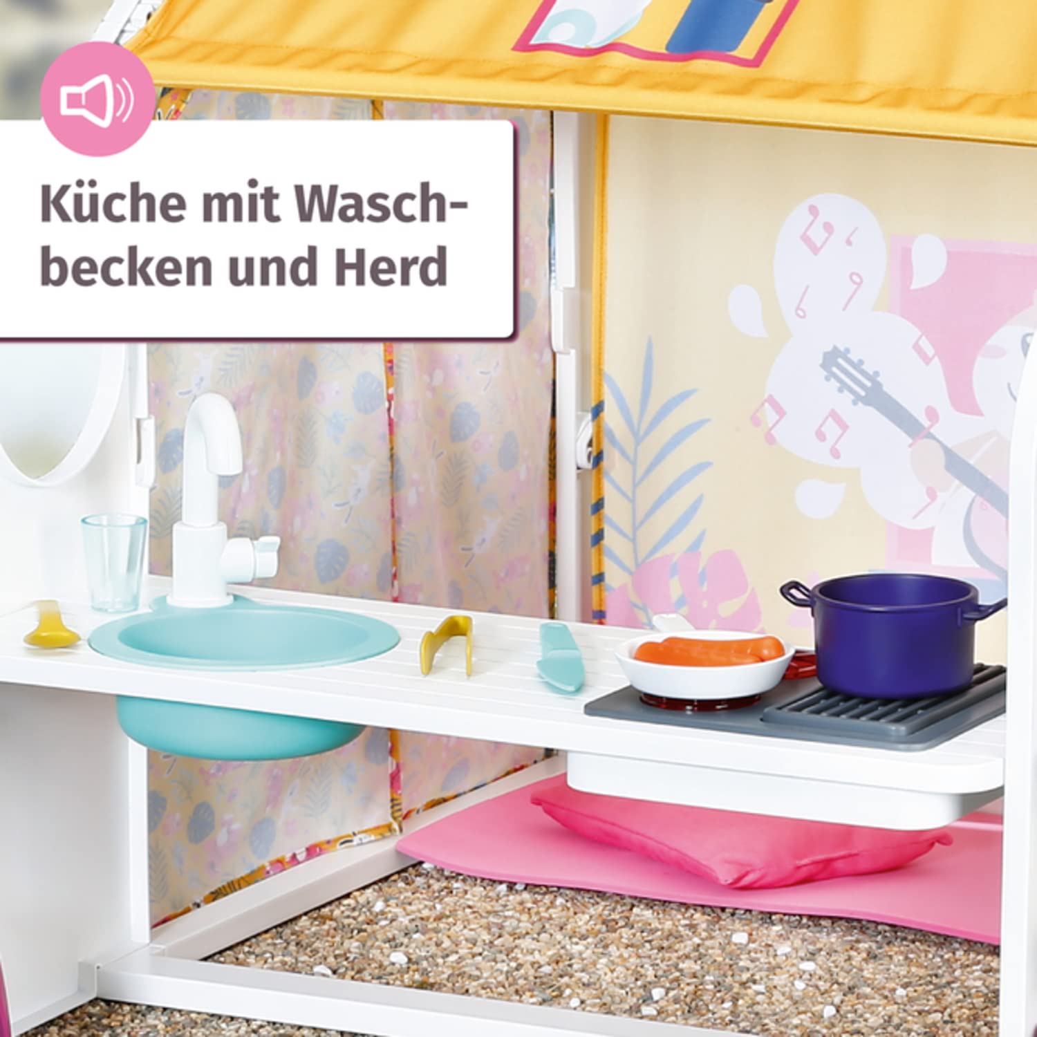 BABY born, Puppenhaus, BABY born Weekend Haus mit Licht - und Soundfunktion, öffenbare Seitenteile, Waschbecken, Grill und viel Zubehör, 832752, Zapf Creation