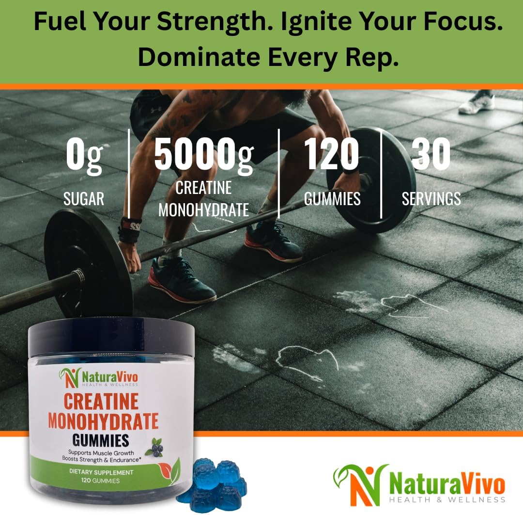 Creatine Monohydrate Gummies 5000mg | Muscle Growth, Strength & Recovery – Vegan, Sugar-Free, Blueberry Flavor, 120 Count | Sports Nutrition for Men & Women | Non-GMO, Gluten-Free, GMP Certified