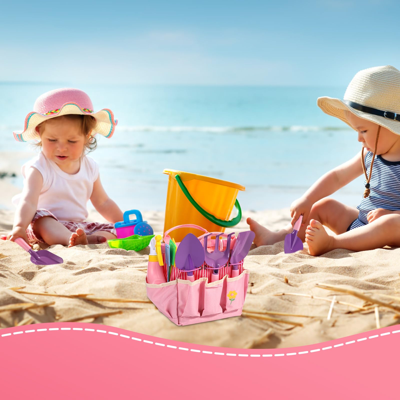 lasuroa 12 Pezzi di Set di Attrezzi da Giardinaggio, Kit da Giardinaggio per Bambini con Forche, Pale, Rastrelli, Borse, Bottiglie, Guanti, Bavaglini, Attrezzi da Spiaggia per Bambini (Rosa)