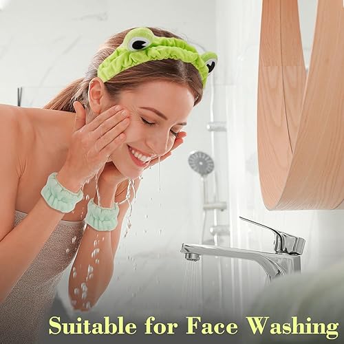 Miniatura 3 de Juego de diadema y pulsera de spa, diadema de maquillaje para el cuidado de la piel, diadema de rana y caracol para lavar la cara, muñequeras para